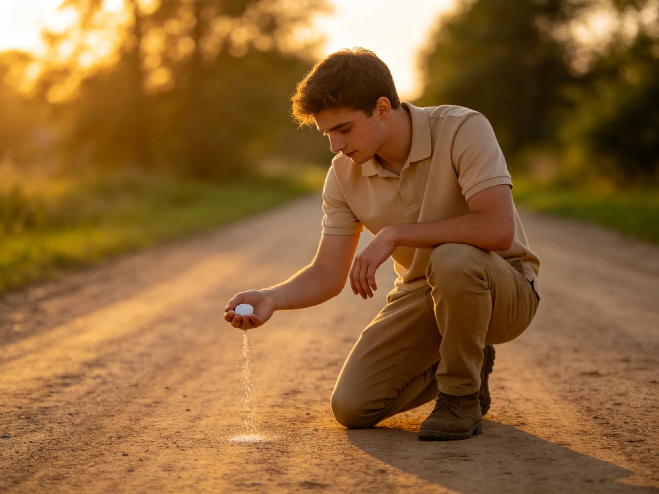 A young man crouches on a dusty rural road, pouring white powder into the air