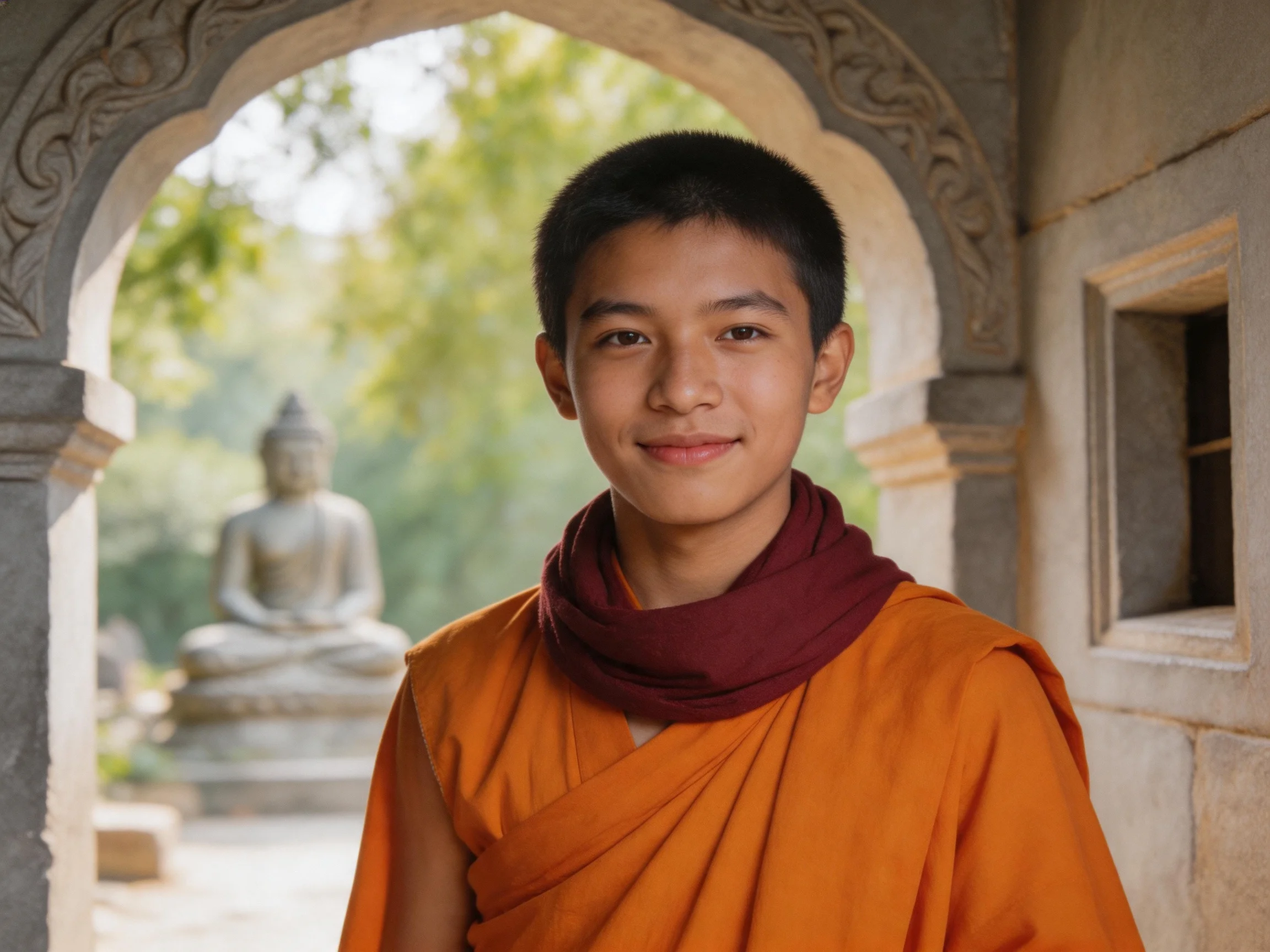 A young monk in an orange robe near a stone archway with a Buddha statue