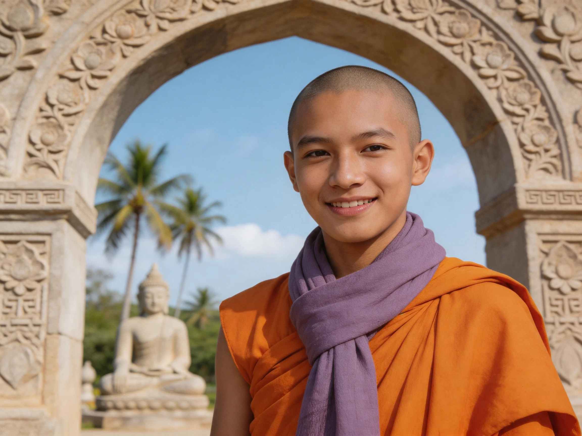 A young monk in an orange robe stands before a carved stone archway near a seated Buddha statue