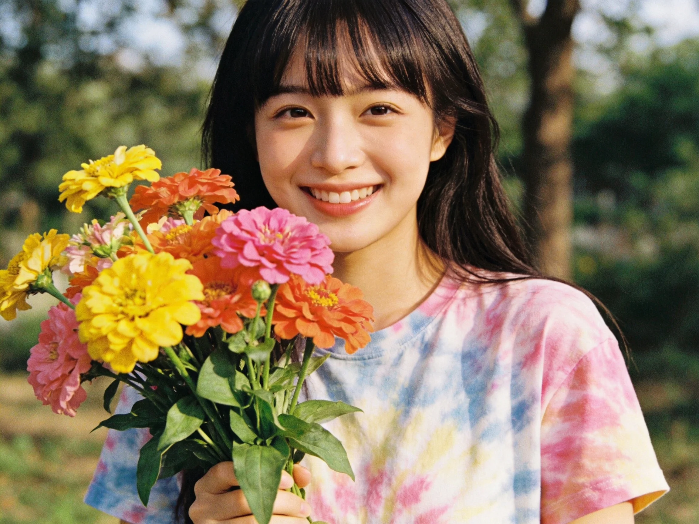 A young woman holds a vibrant bouquet of multicolored flowers outdoors