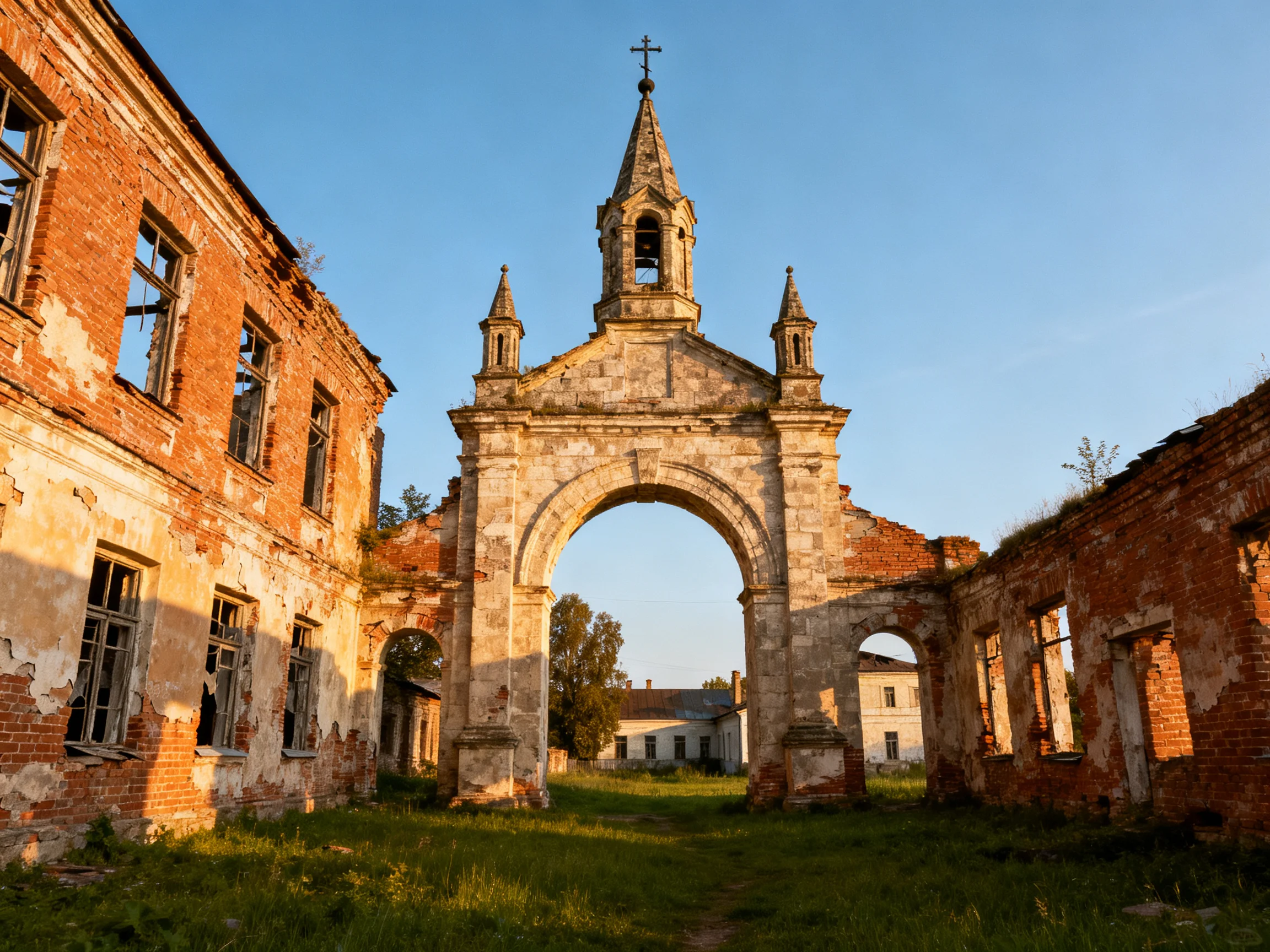 Abandoned Brick Ruins with Stone Arch and Bell Tower