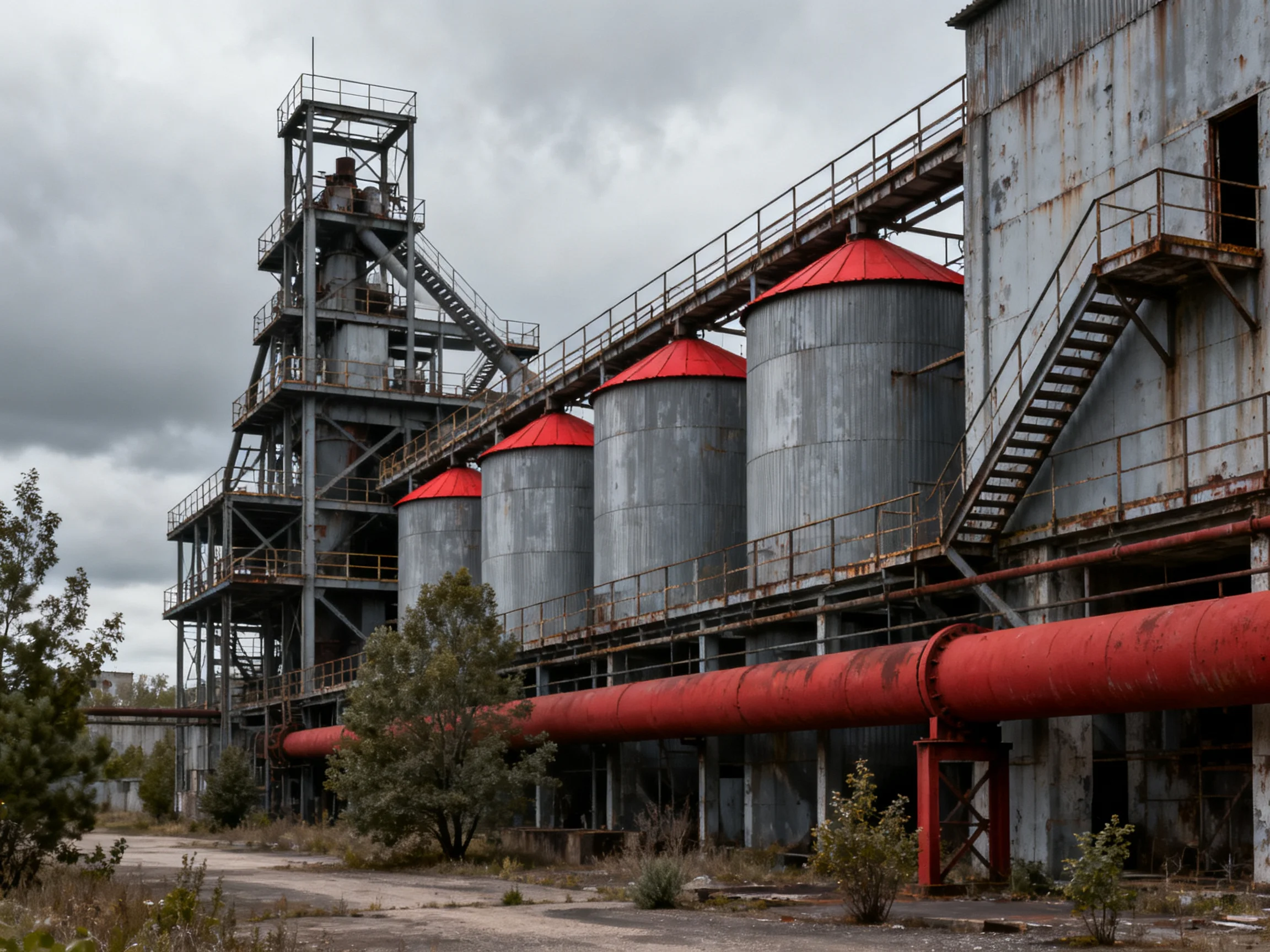 Abandoned Industrial Complex with Red Silos and Rusty Metal Structures