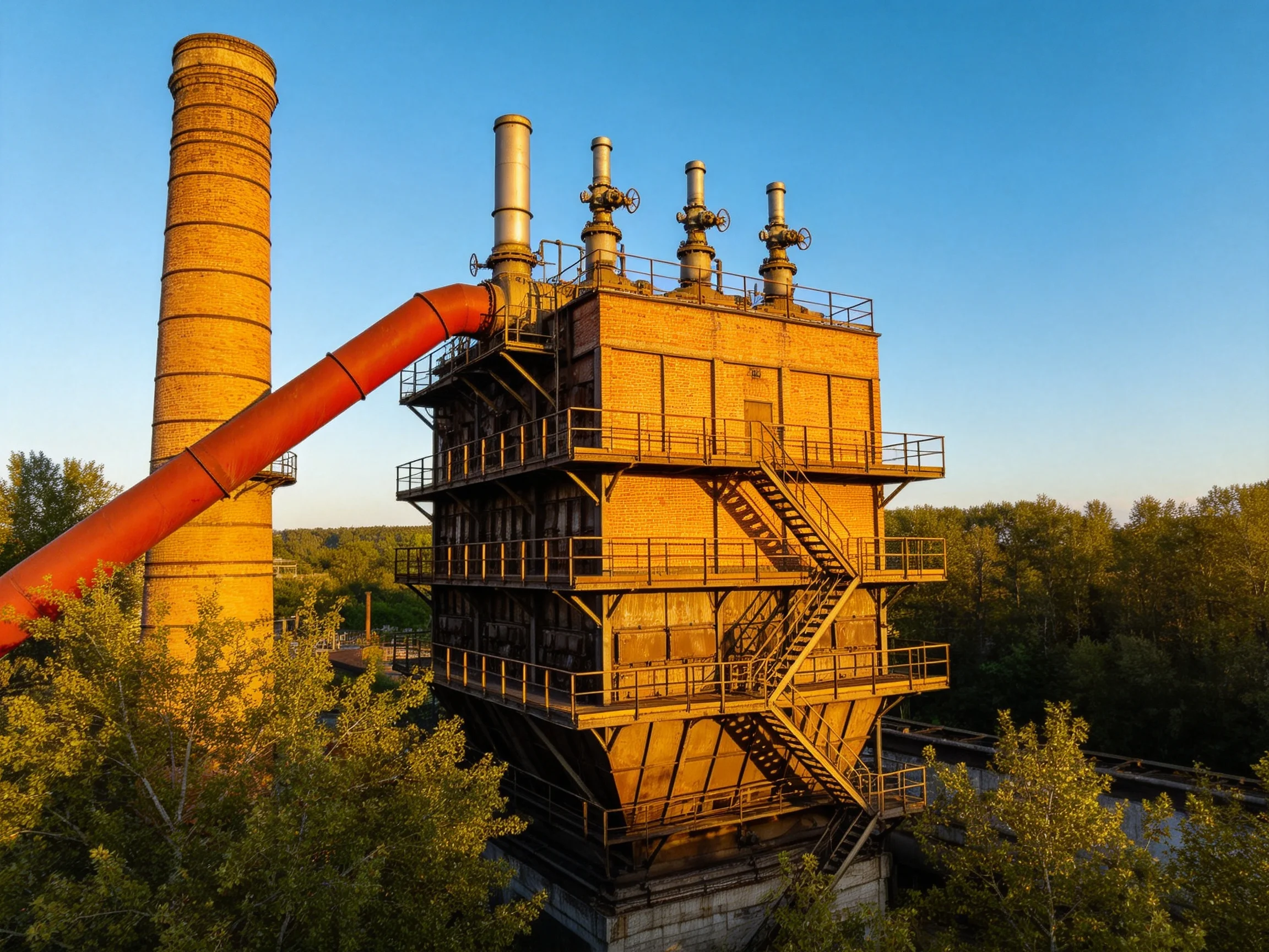 Abandoned Industrial Complex with Tall Chimney and Orange Duct