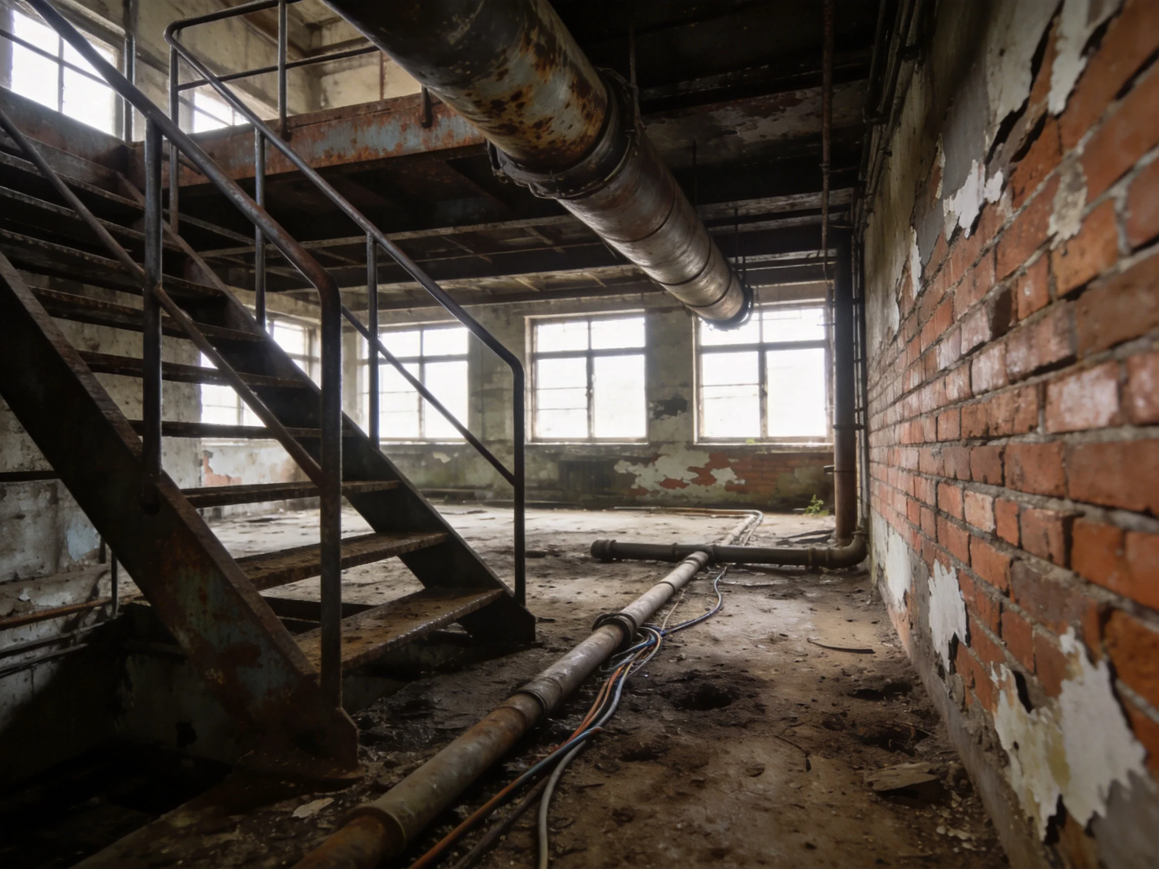 Abandoned Industrial Interior with Rusty Metal Stairs and Weathered Brick Walls
