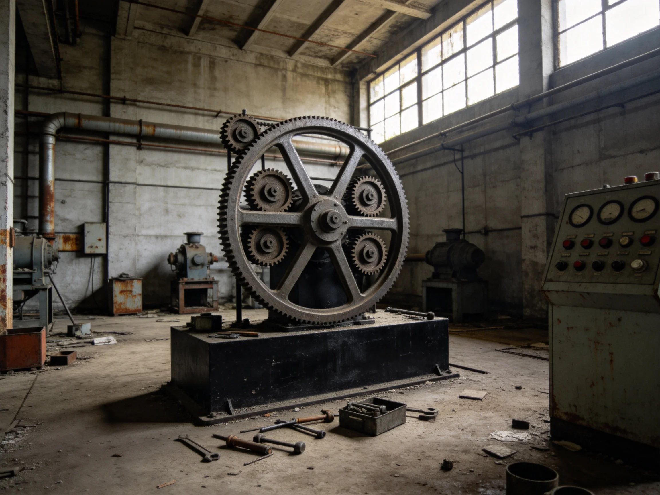 Abandoned Industrial Room with Large Gear System