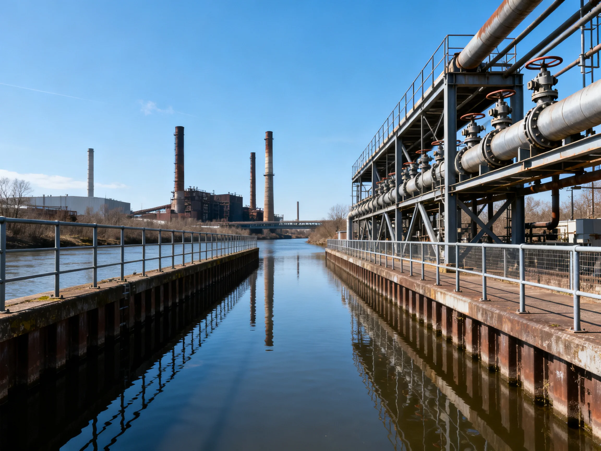 Abandoned Industrial Site with Tall Chimneys and Pipelines by Canal