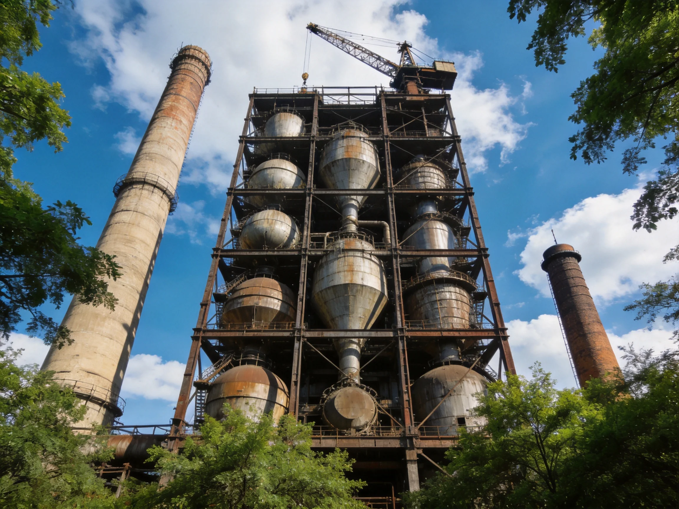 Abandoned Industrial Tower with Rusty Cylinders and Tall Chimneys