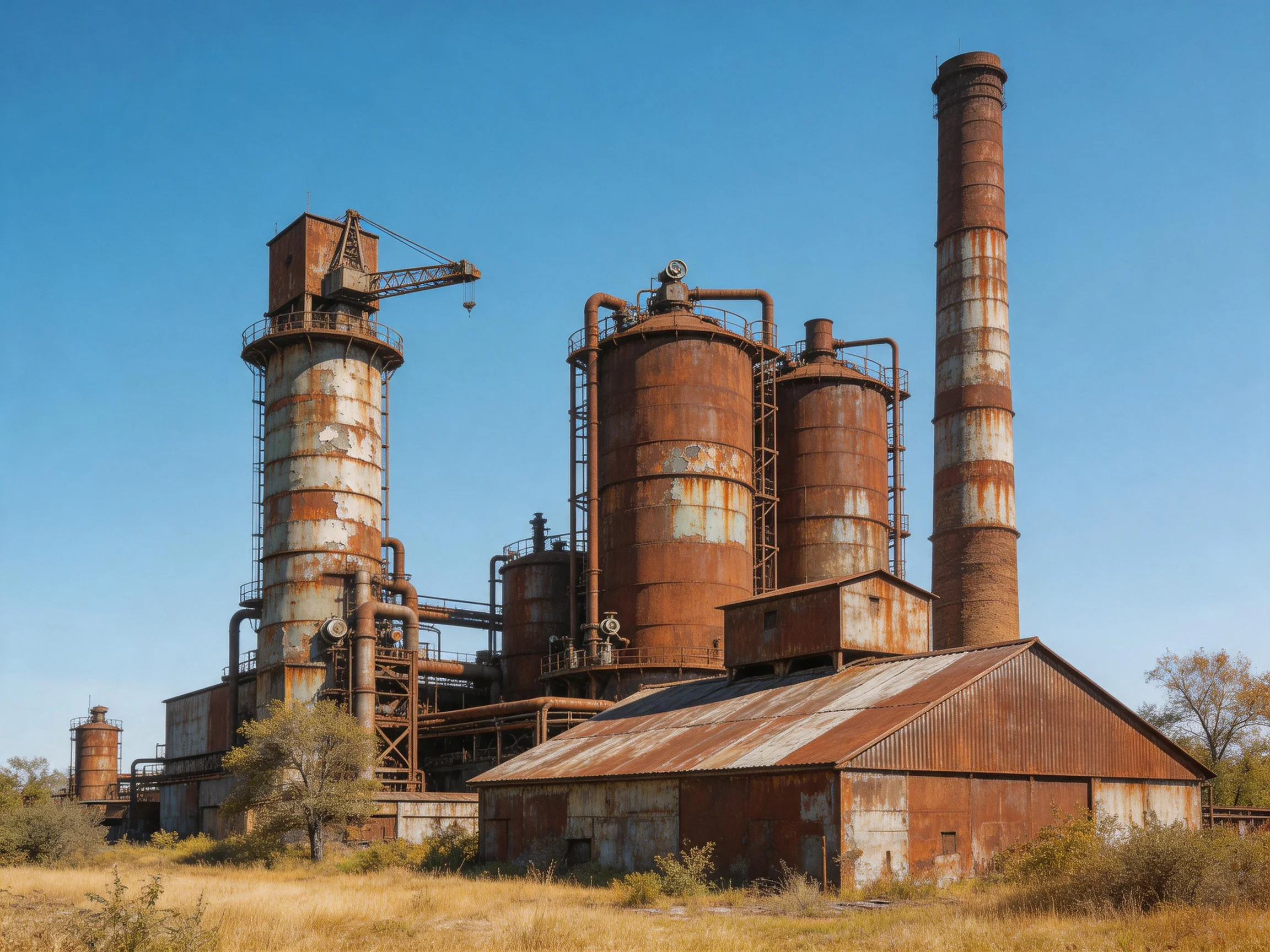Abandoned Rusty Industrial Complex With Tall Chimneys