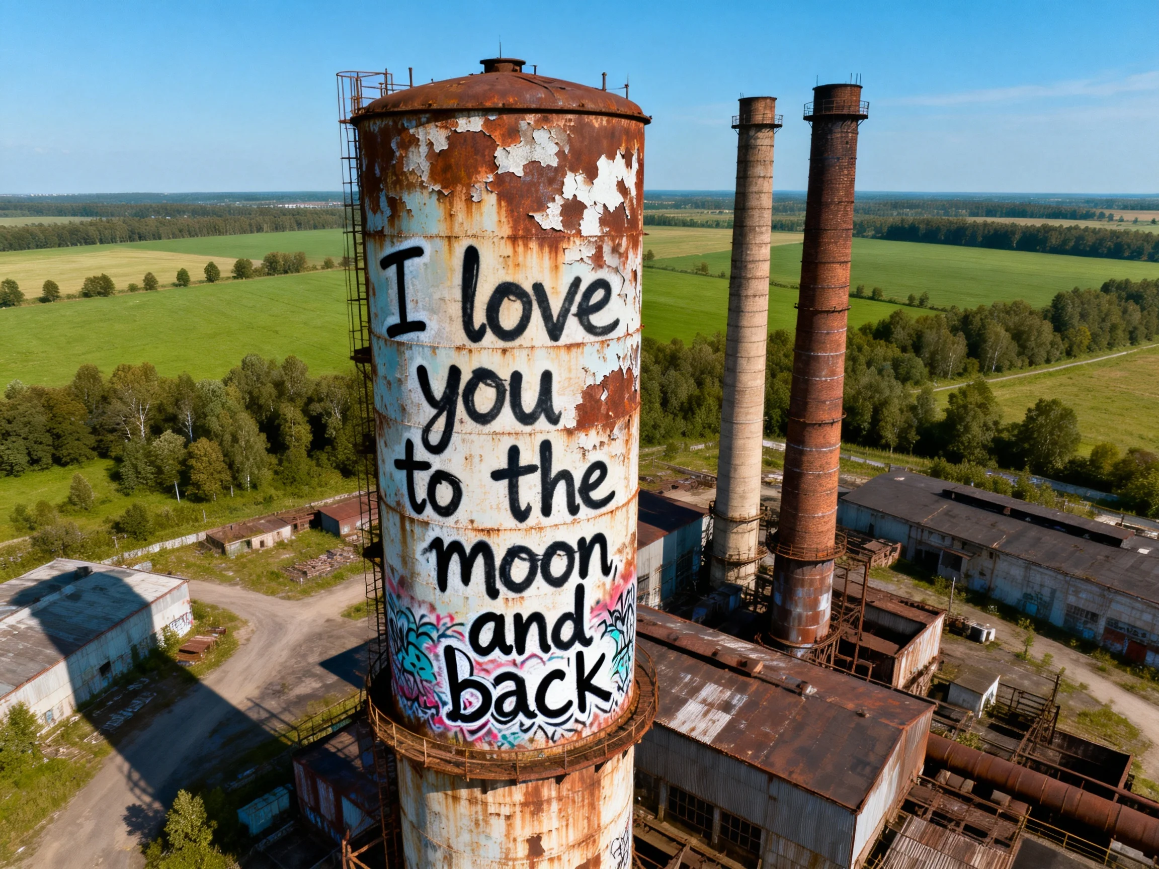 Abandoned Rusty Industrial Silo with Graffiti