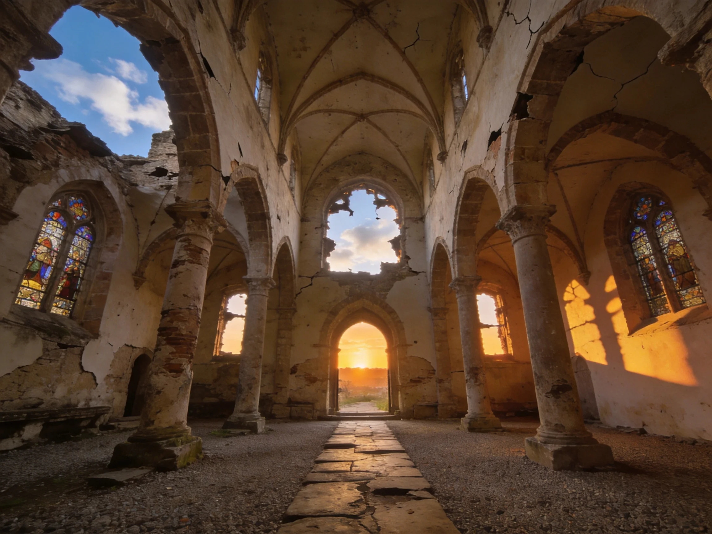 Abandoned church interior with stained glass and sunset light