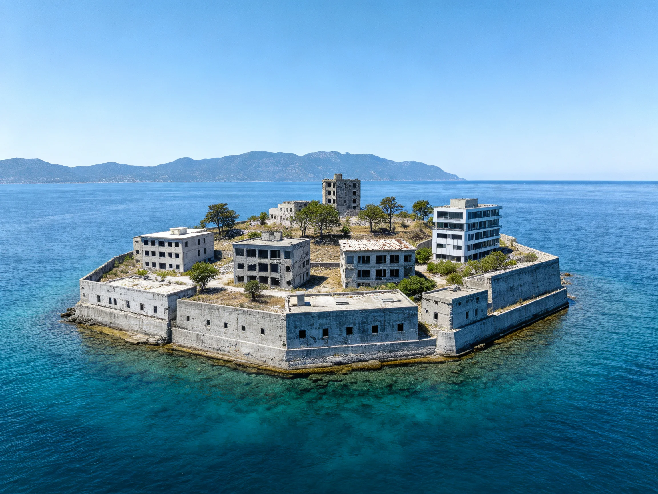 Abandoned concrete island with dilapidated structures in turquoise waters