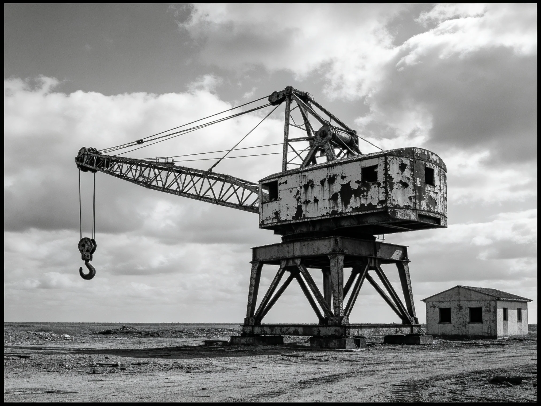 Abandoned industrial crane near small building under cloudy sky