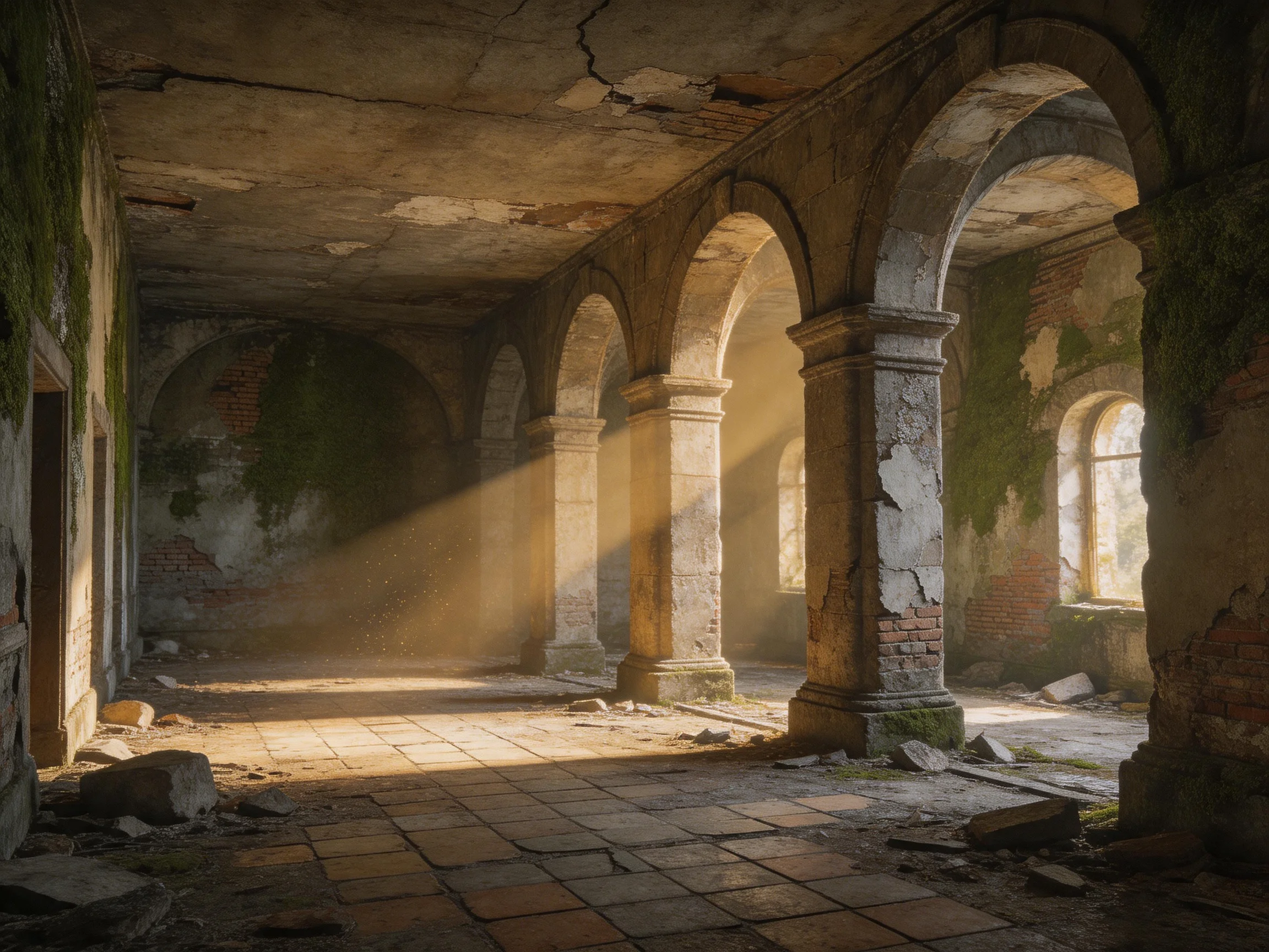 Abandoned stone arches in a moss-covered ruined hall