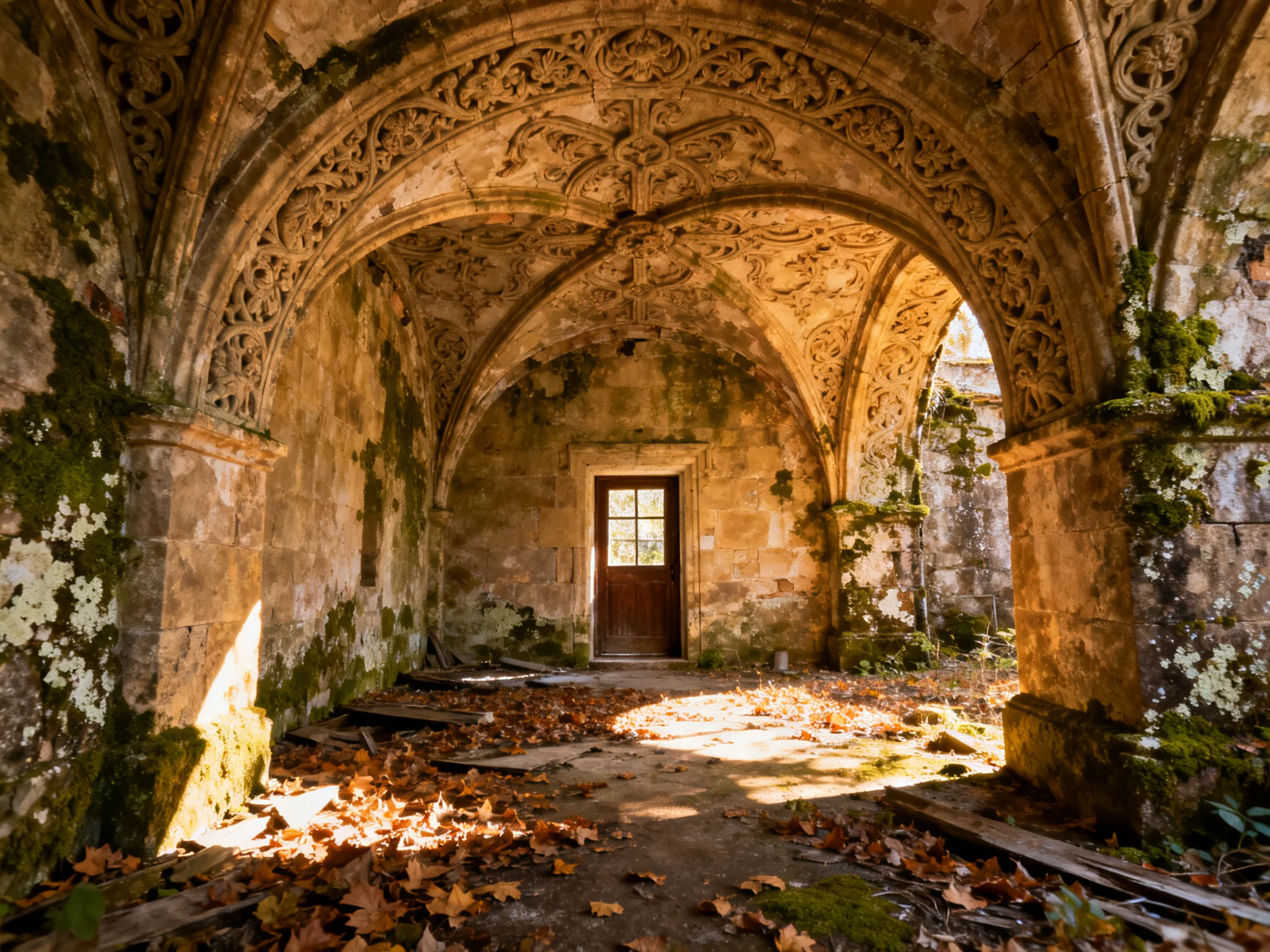 Abandoned stone arches with moss and fallen autumn leaves