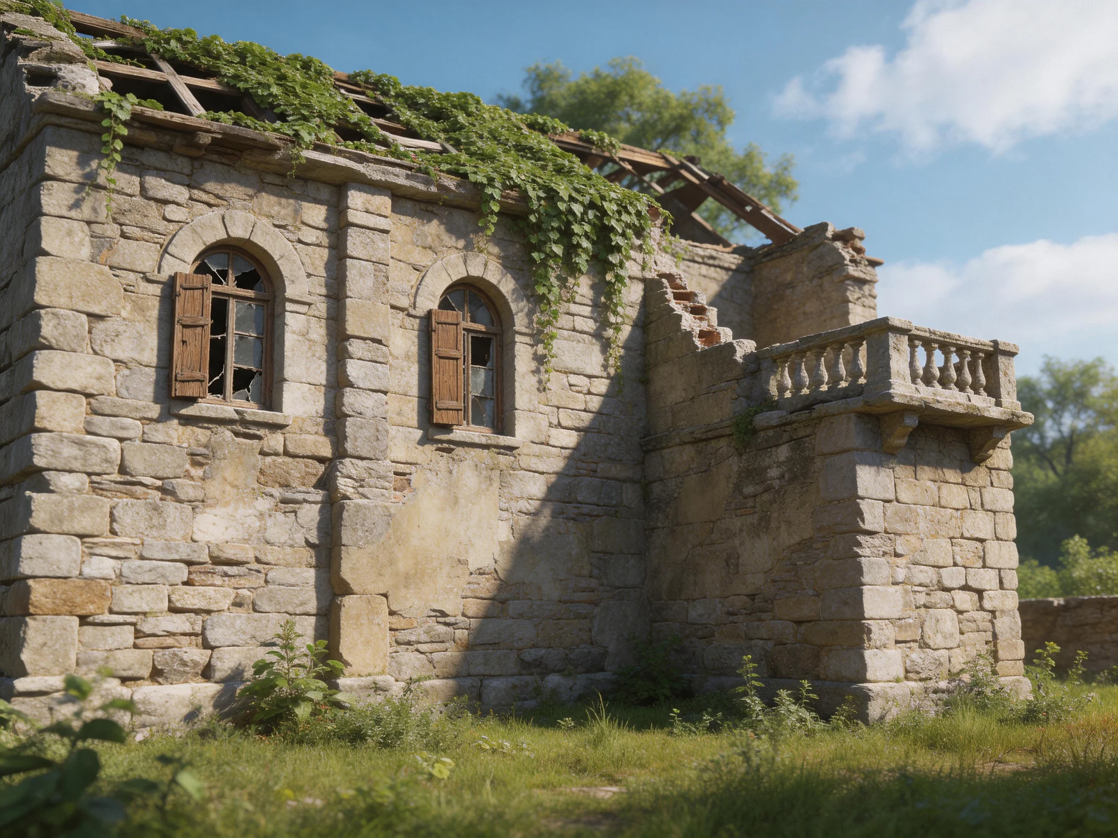 Abandoned stone house with overgrown vines and broken roof