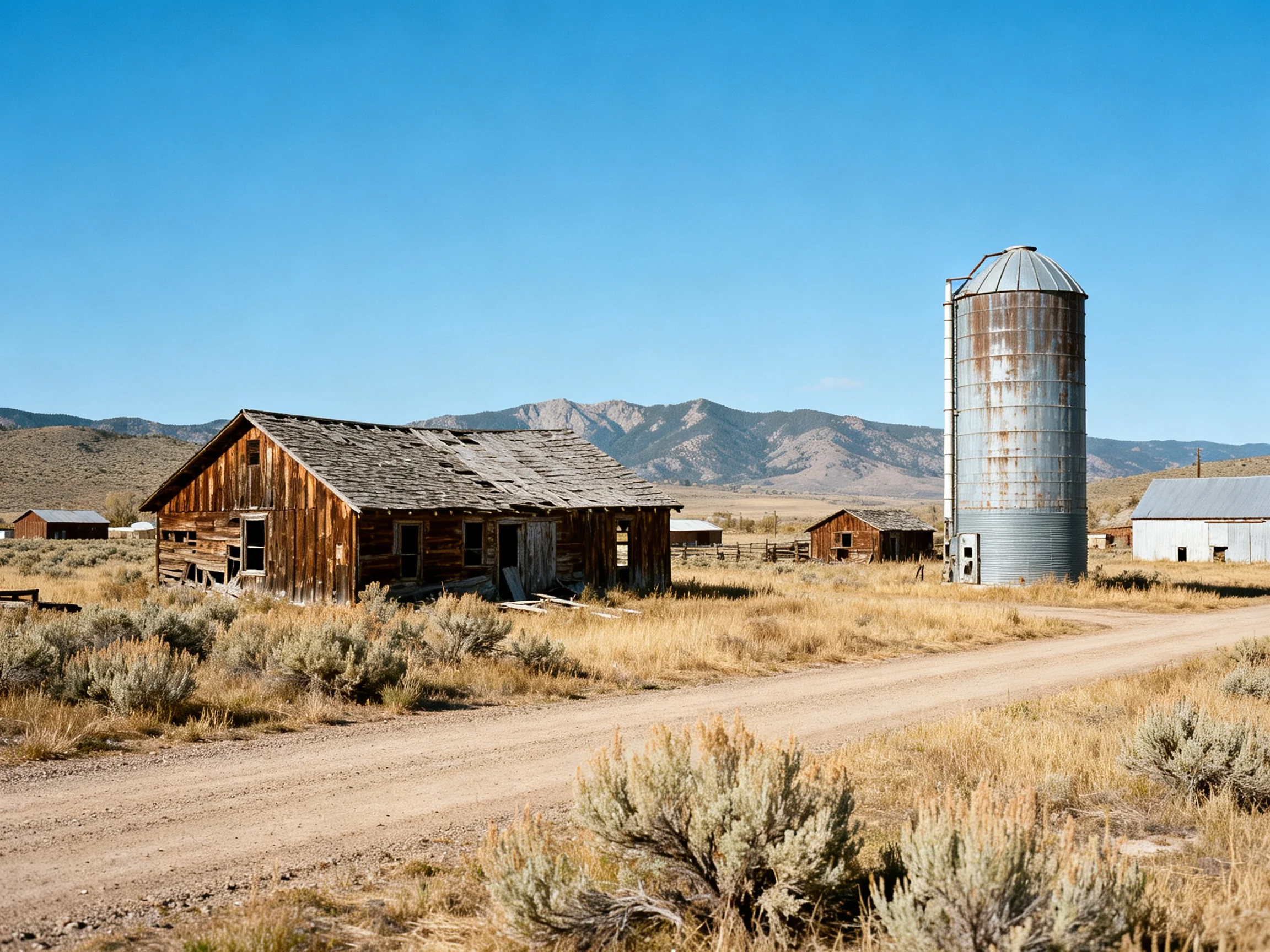 Abandoned wooden farm structures with a large metal silo in dry countryside
