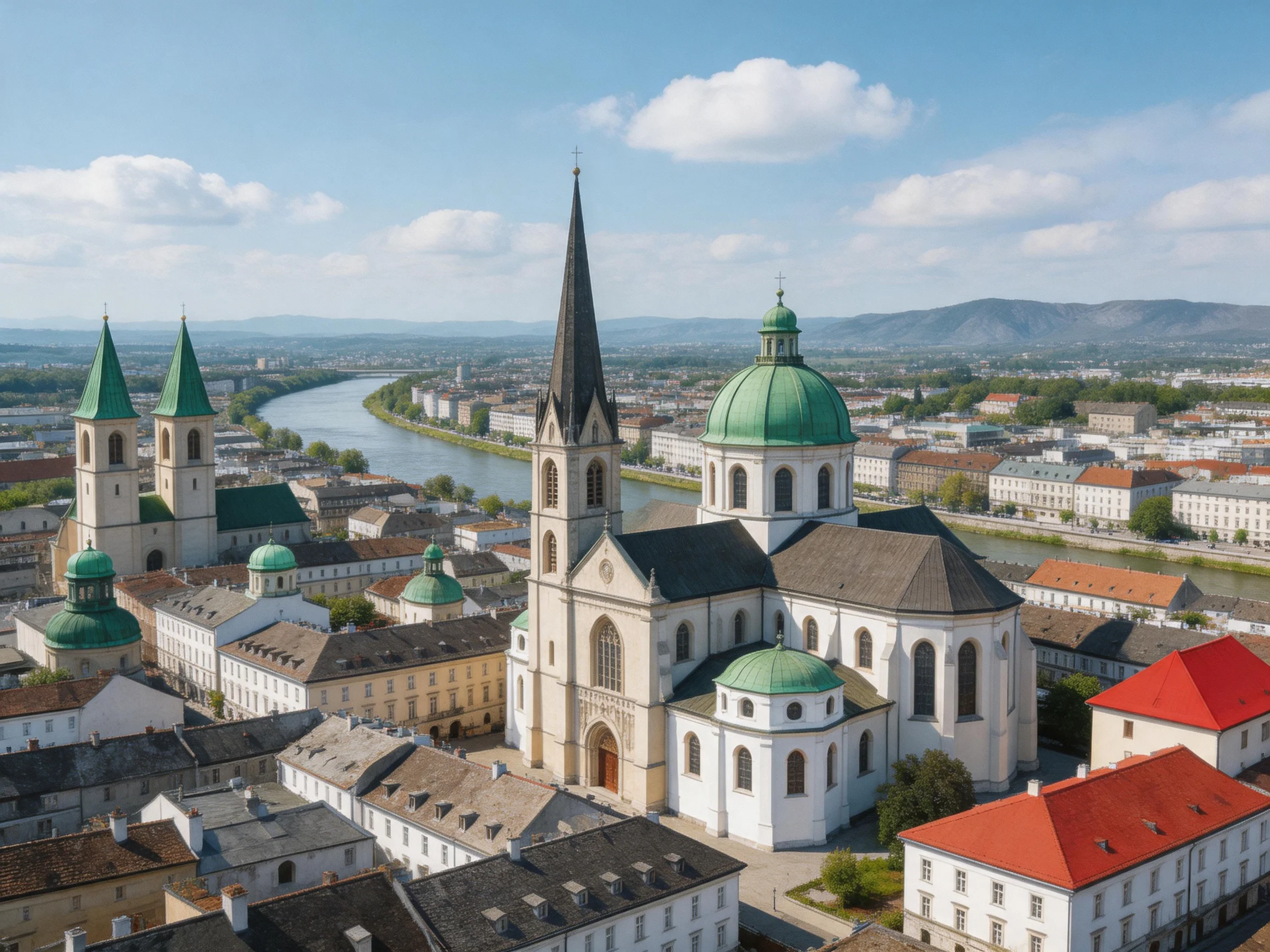 Aerial View of Historic European City with Green-Domed Churches
