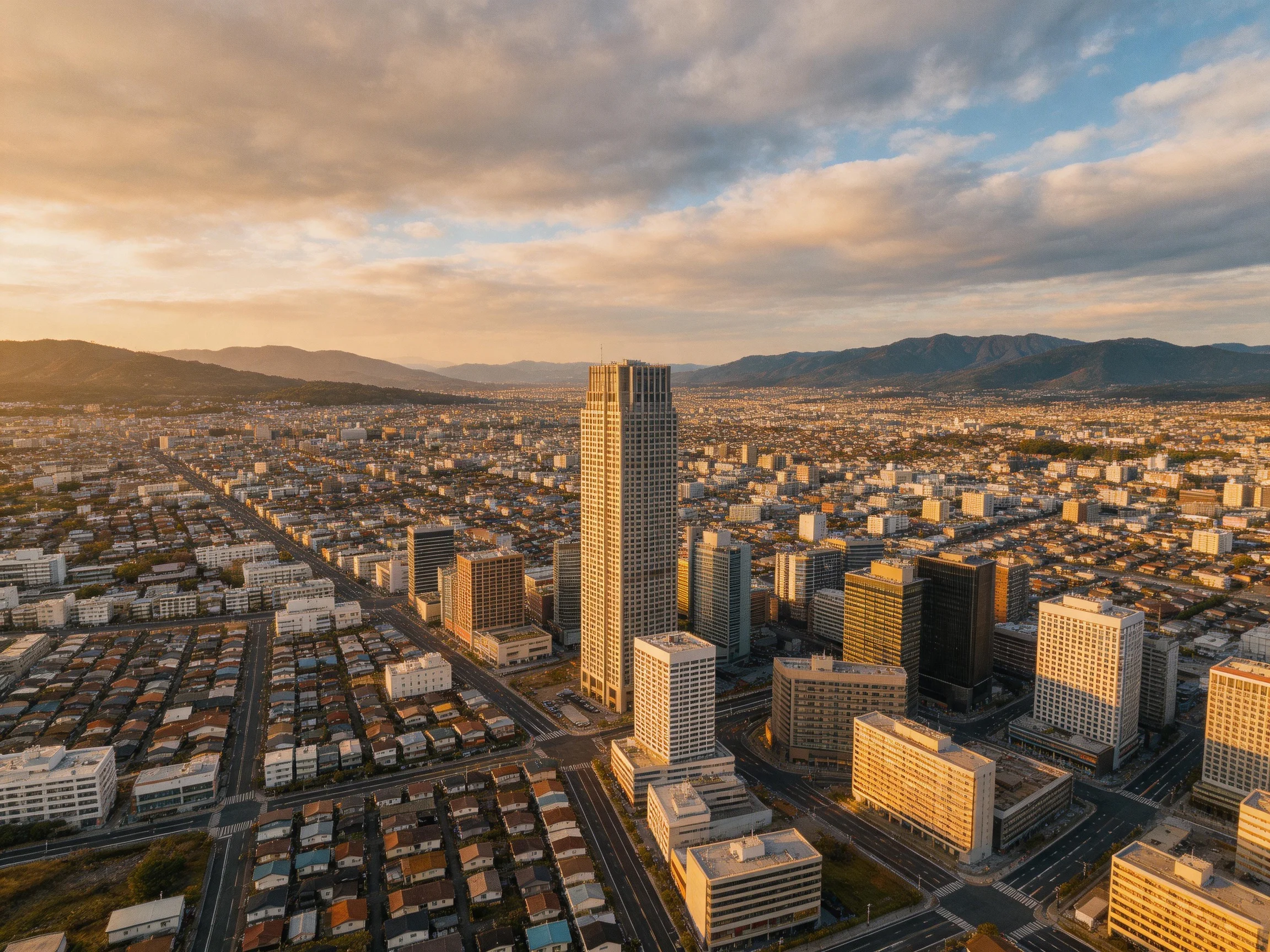 Aerial View of Urban Landscape with Skyscraper and Mountain Horizon