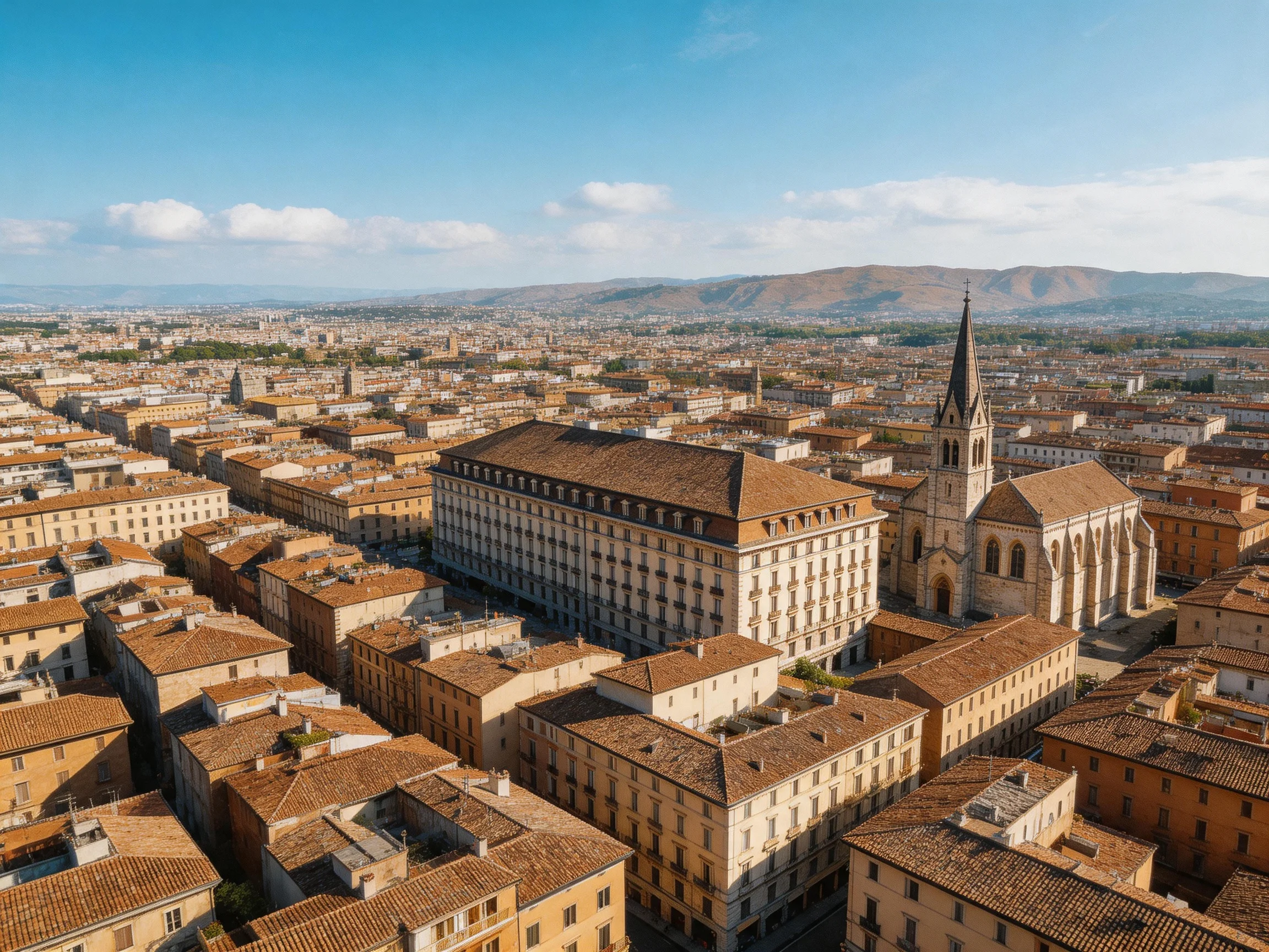 Aerial view of historic city with terracotta rooftops and Gothic church