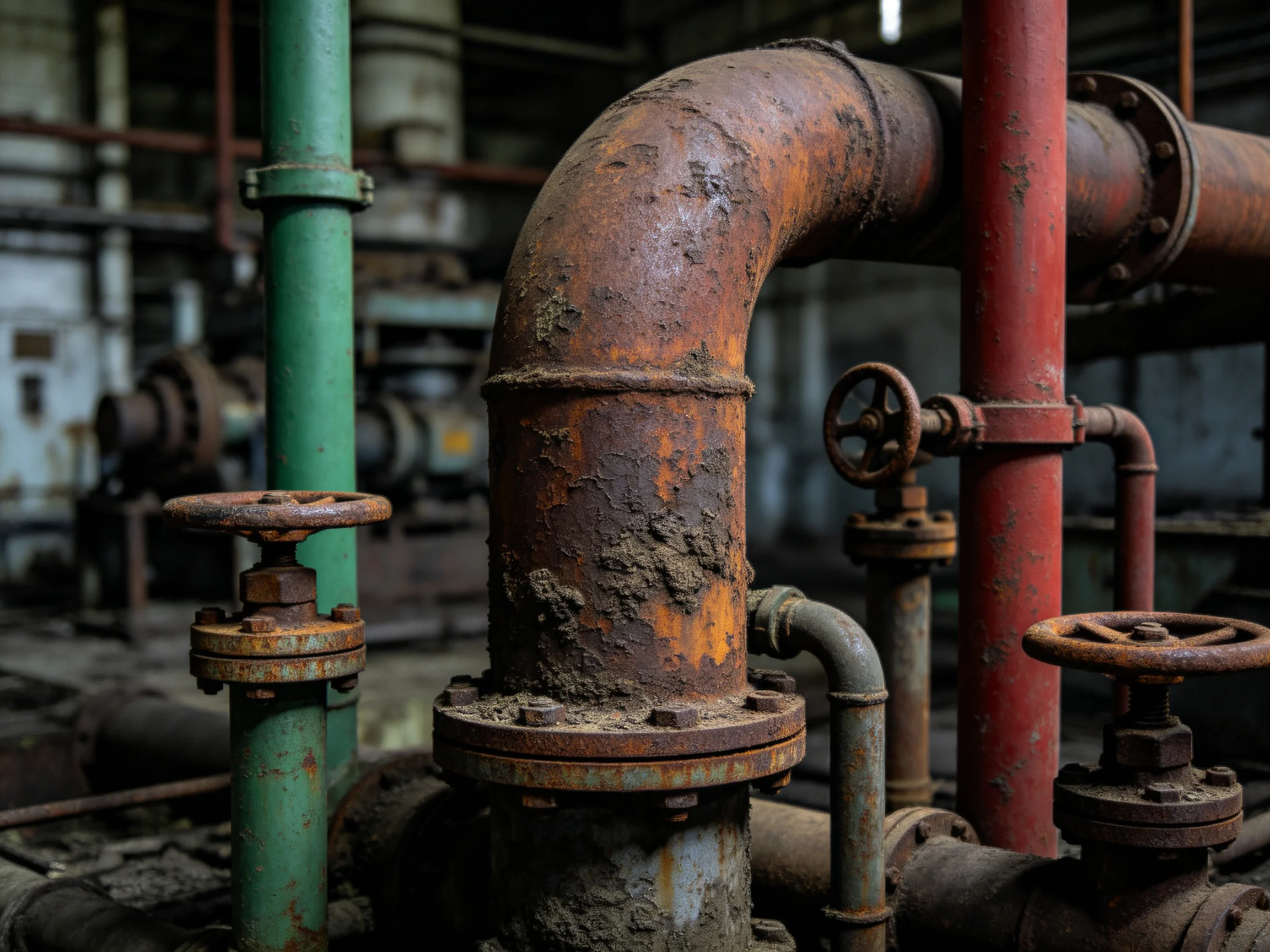 Aged Rusty Industrial Pipelines with Green and Red Tubing