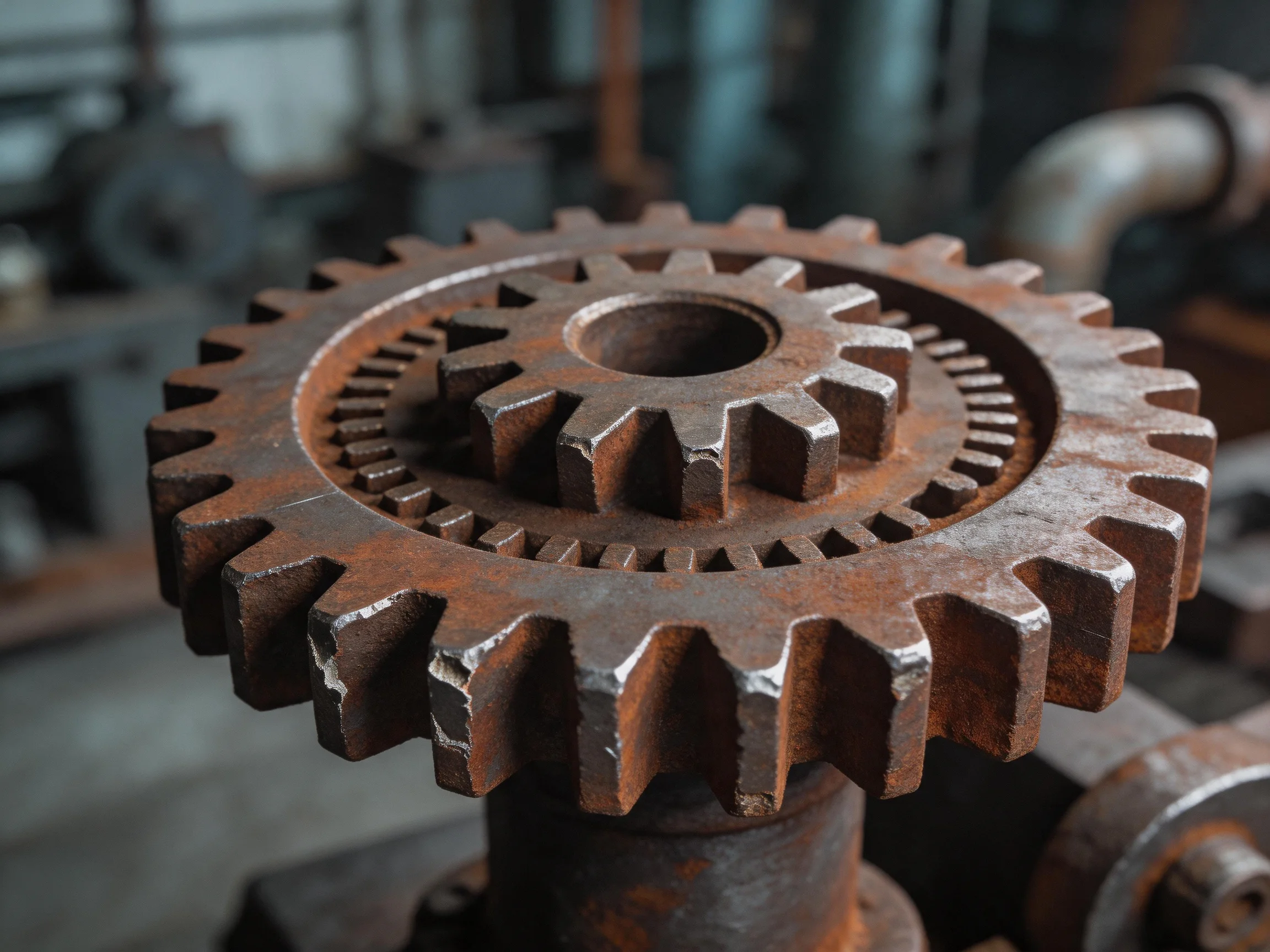 Aged Rusty Multi-Tiered Gear Set in Industrial Setting