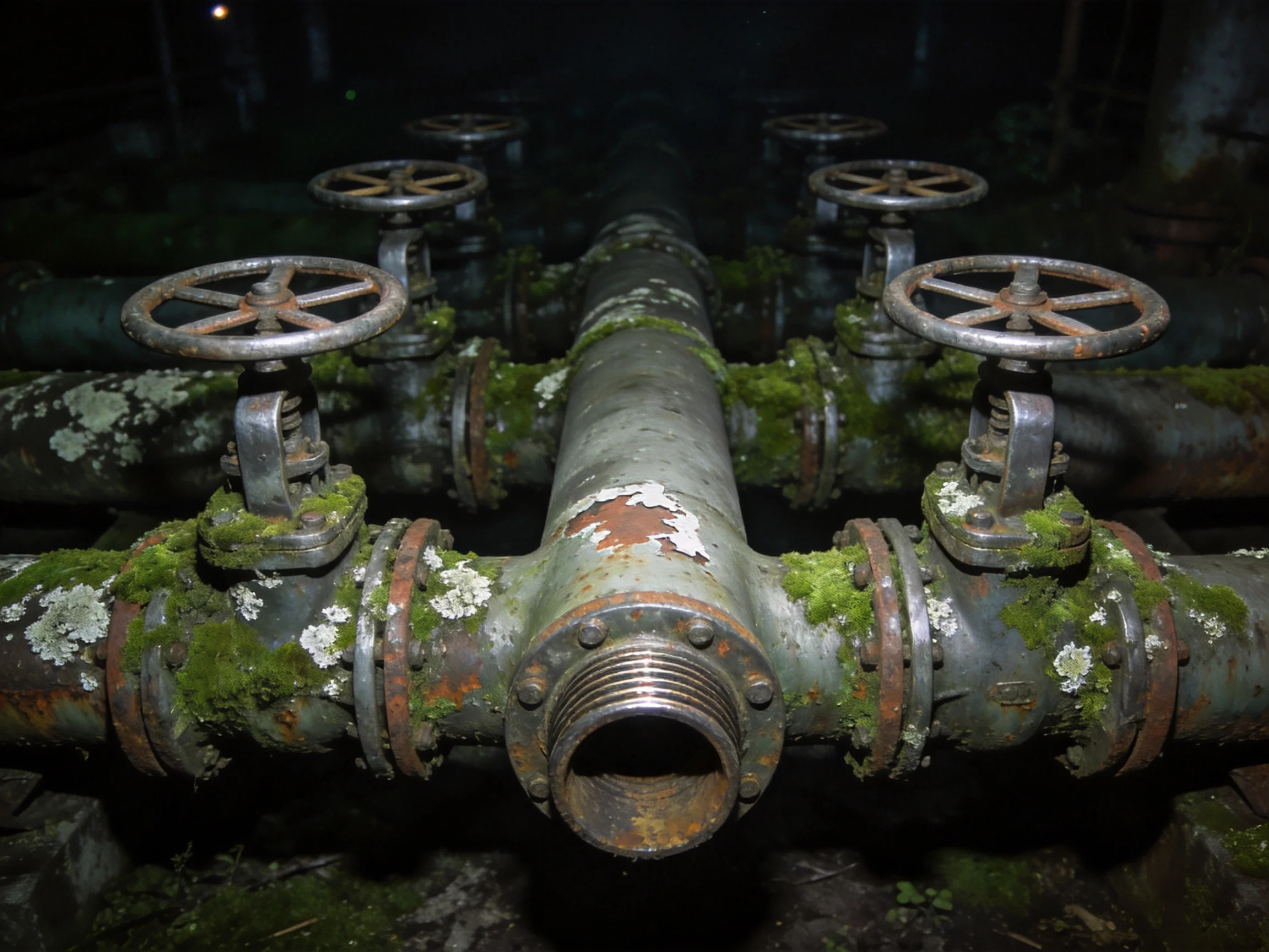 Aged industrial pipes with moss-covered handwheels in dim surroundings
