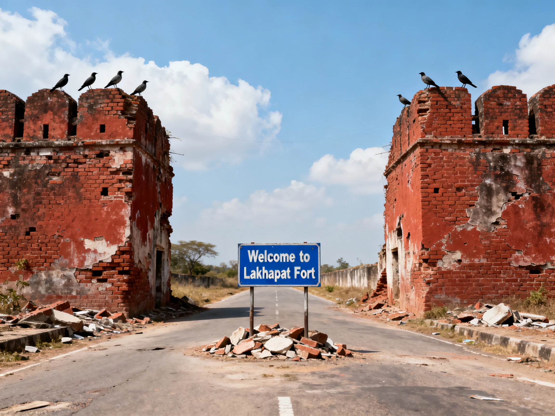 Aged red brick fort entrance with welcome sign