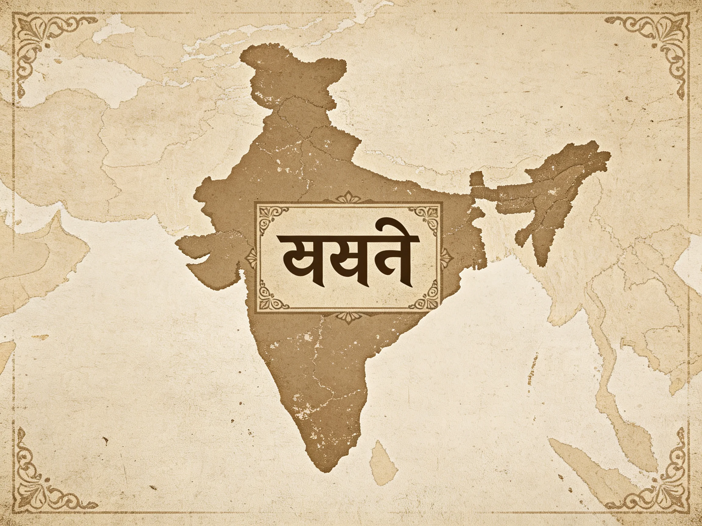 Aged sepia map displaying Indias silhouette with Hindi text