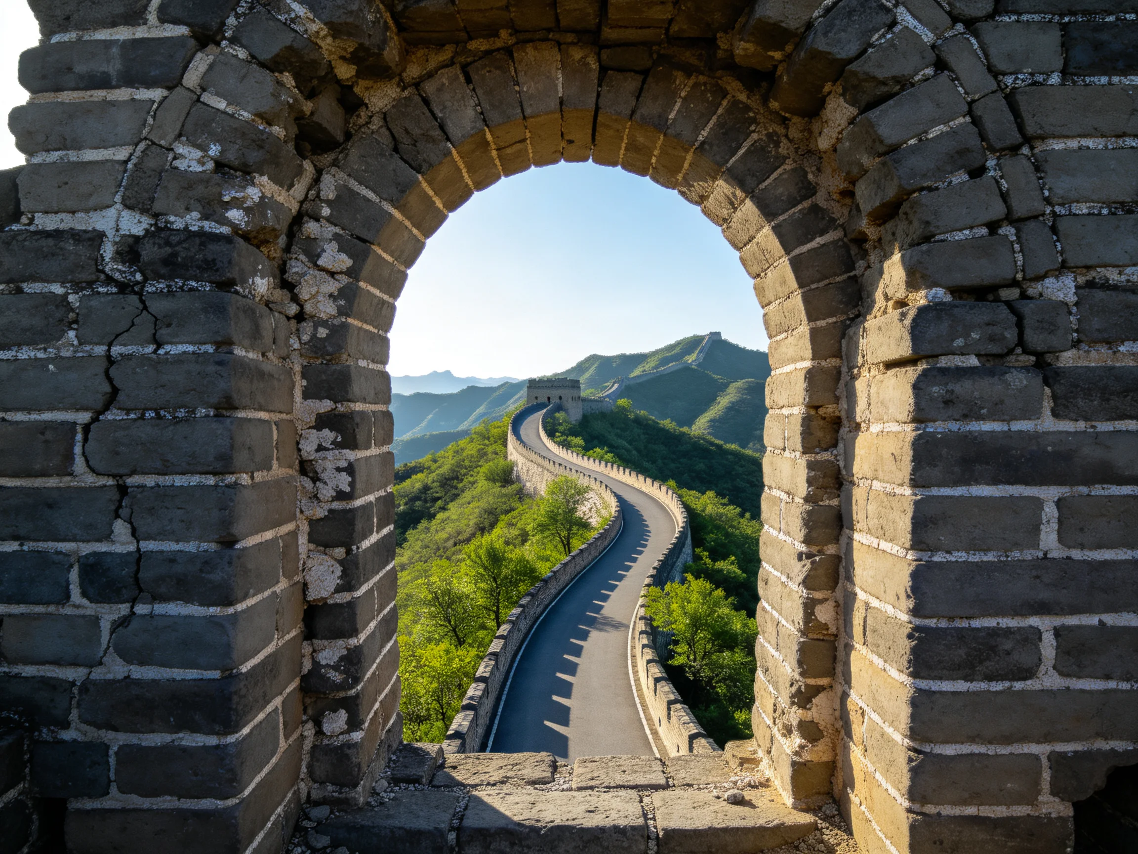 Aged stone arch frames winding Great Wall along green mountain ridges