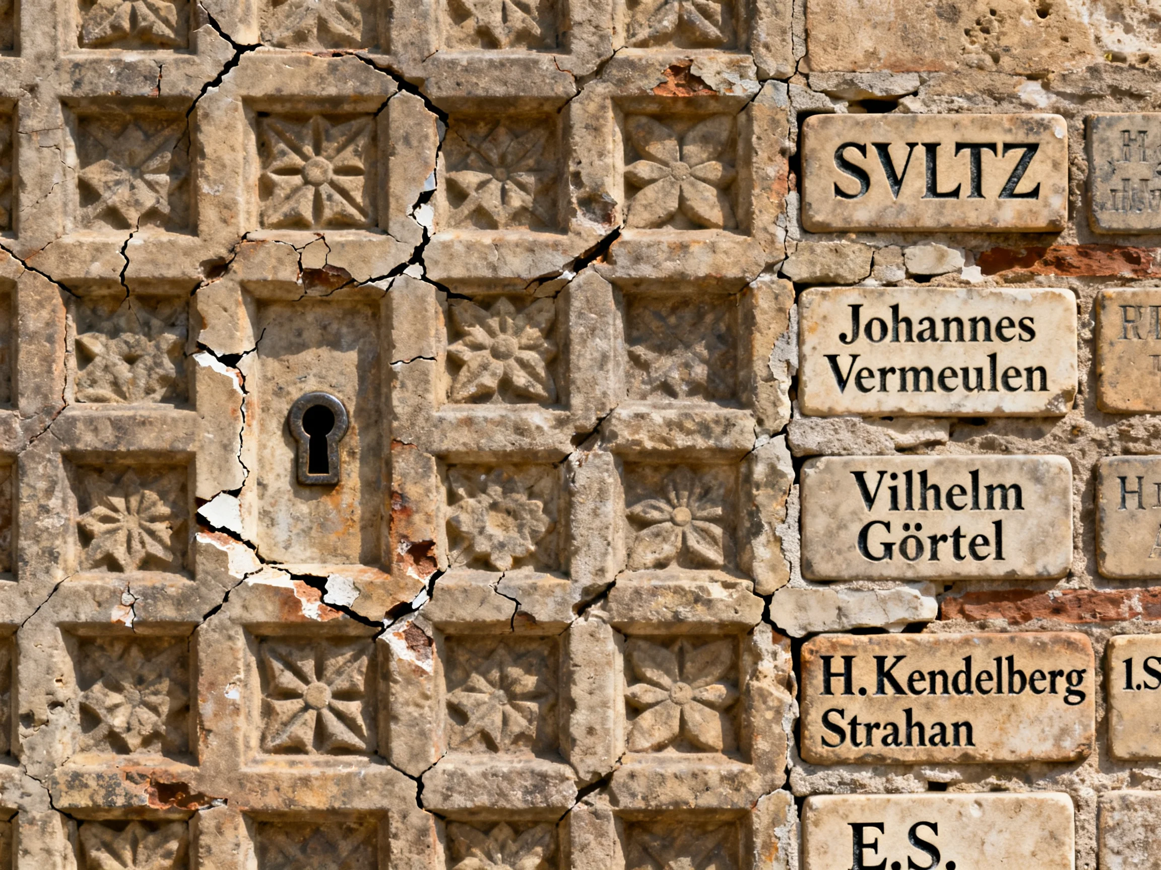 Aged stone wall with carved patterns, keyhole, and name plaques.
