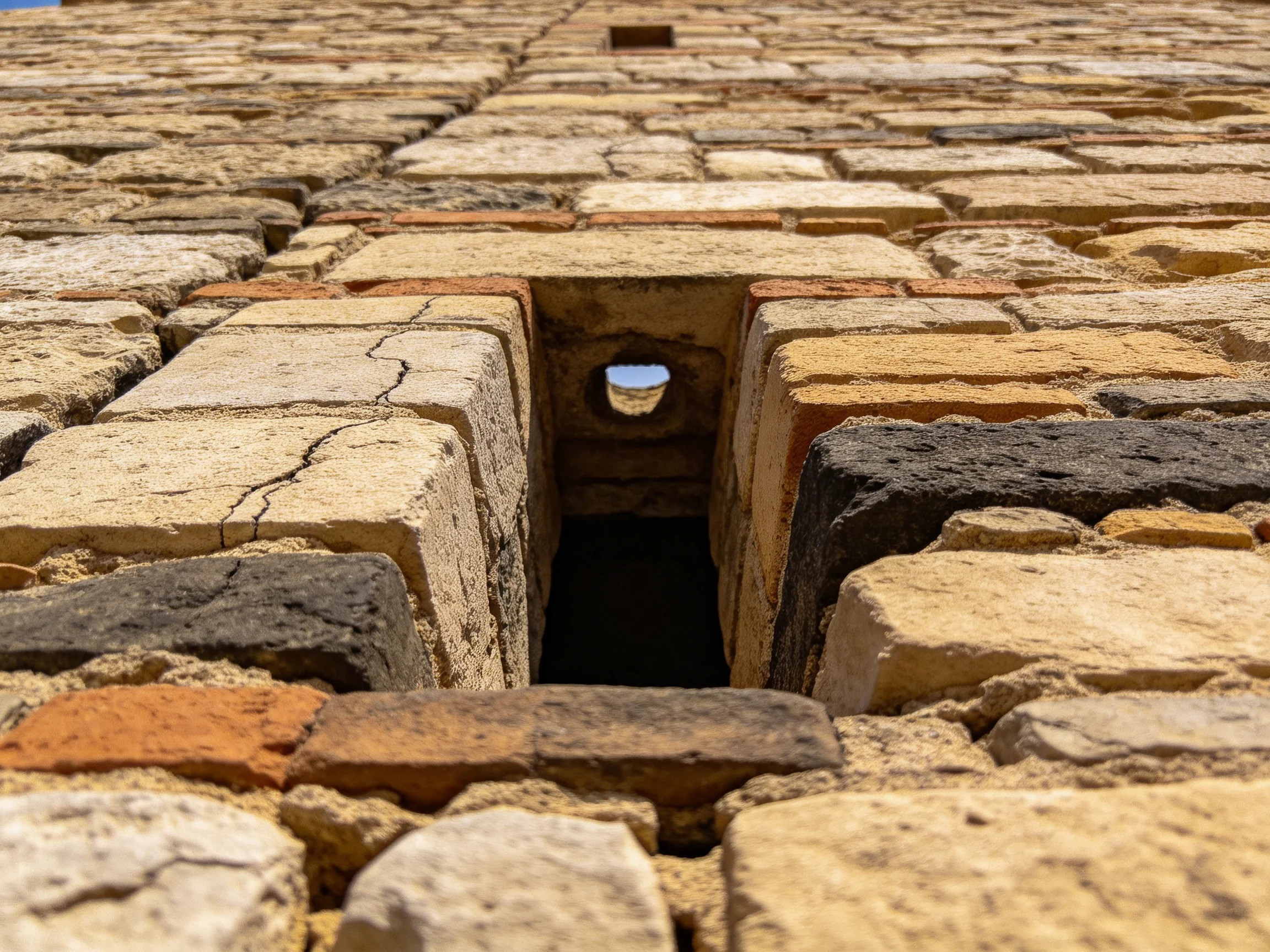 Aged stone wall with rectangular opening and circular hole