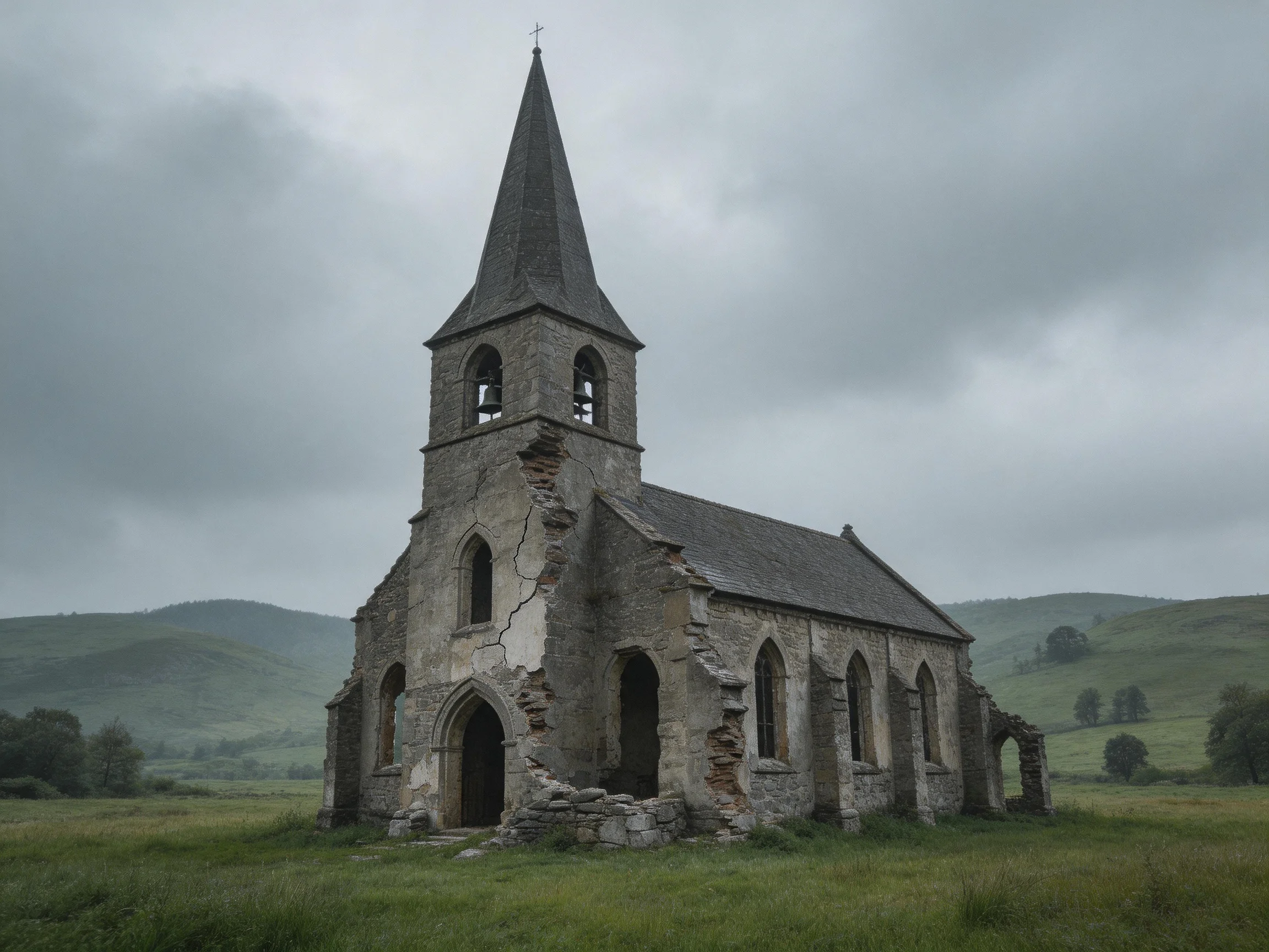 An Abandoned Stone Church Ruin Amidst Rolling Green Hills