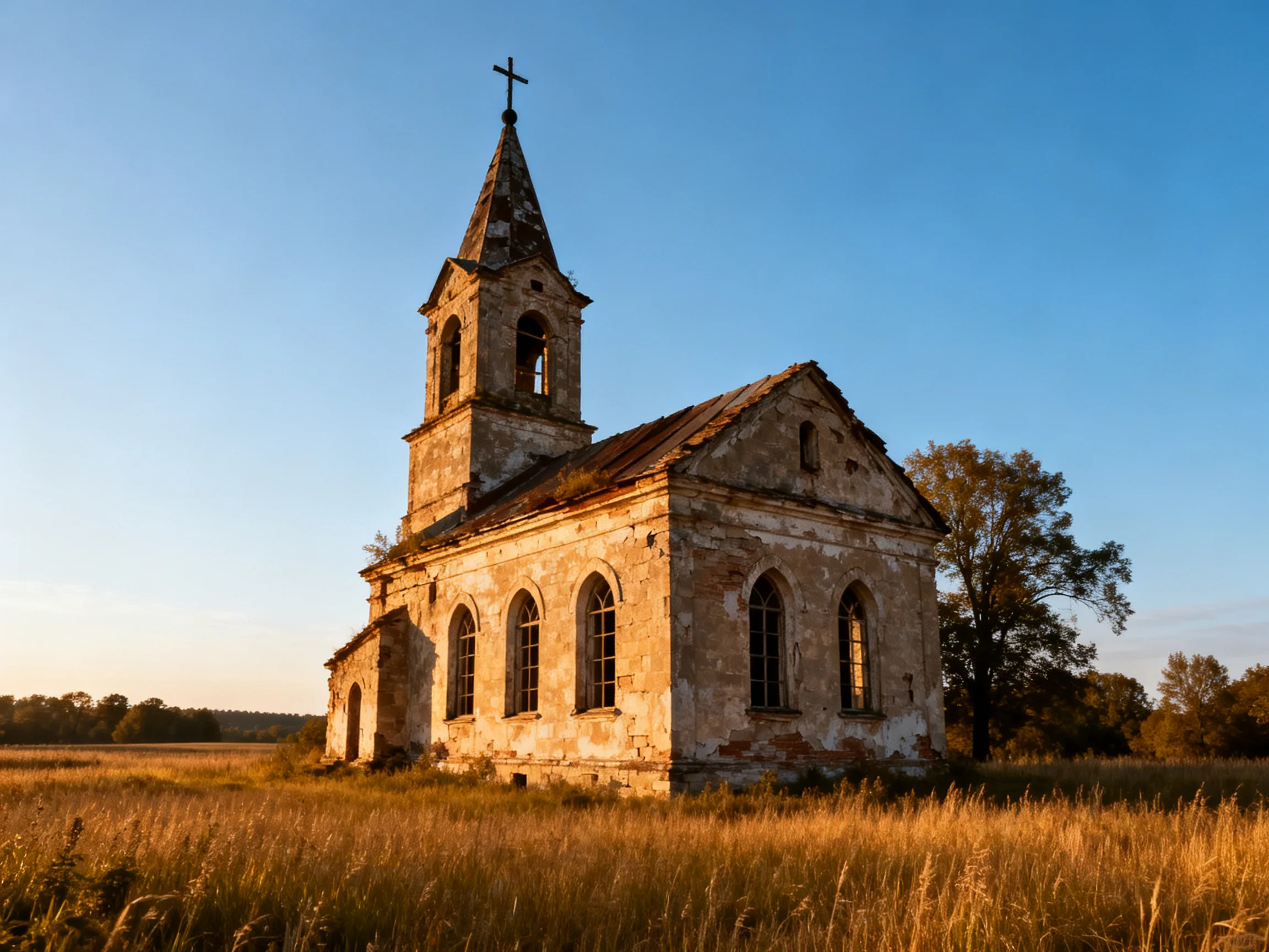 An Abandoned Stone Church with Tower in Golden Field Under Blue Sky