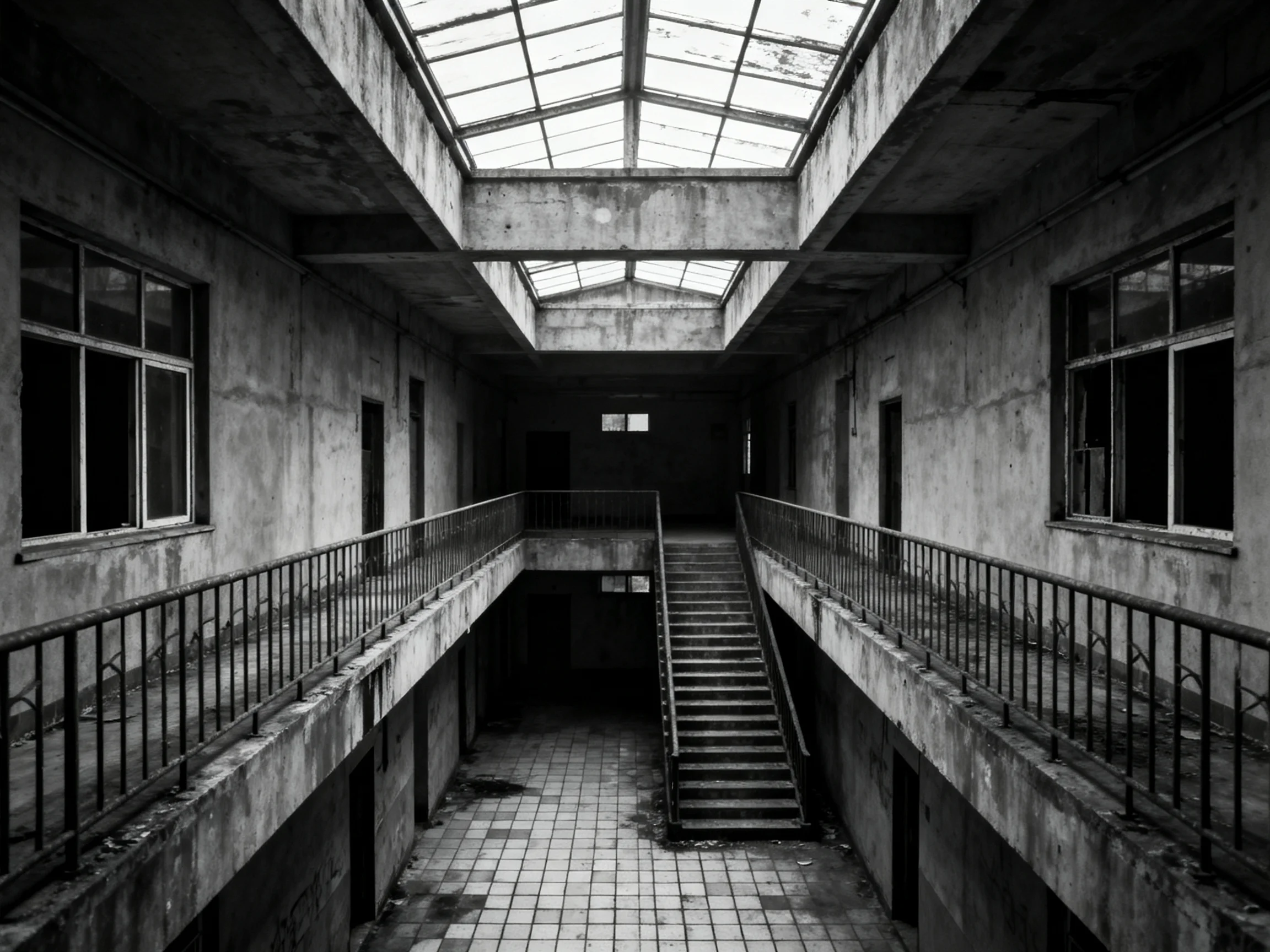 An Abandoned Two-Story Concrete Building with Skylights and Stairs