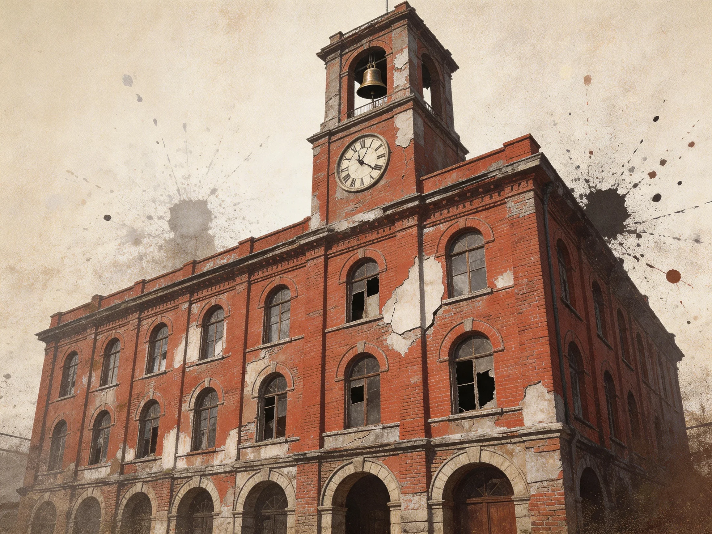 An Aging Red Brick Clock Tower Building with Weathered Facade