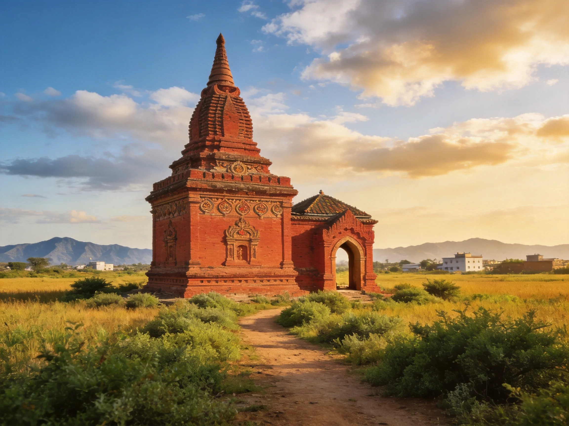 An Ancient Red-Brick Temple Among Golden Fields Under Partly Cloudy Skies