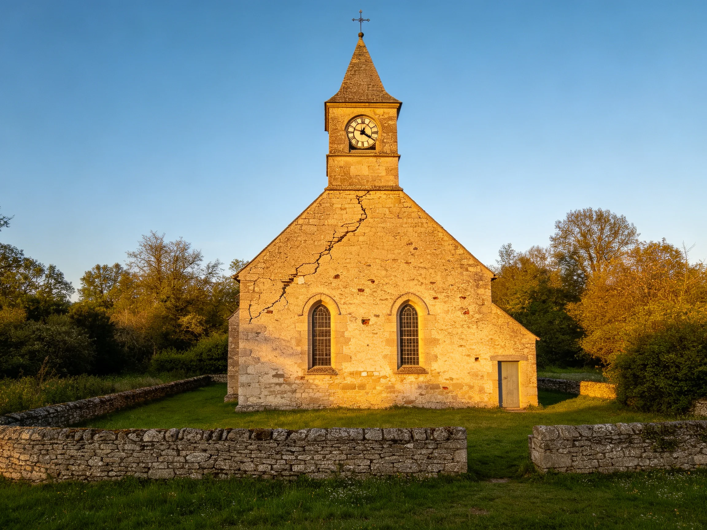 An Ancient Stone Church with Clock Tower Bathed in Golden Light