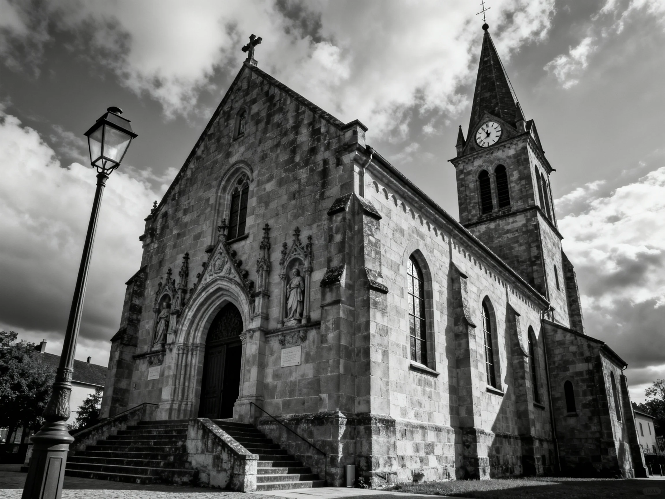 An Ancient Stone Church with Clock Tower Under Dramatic Sky