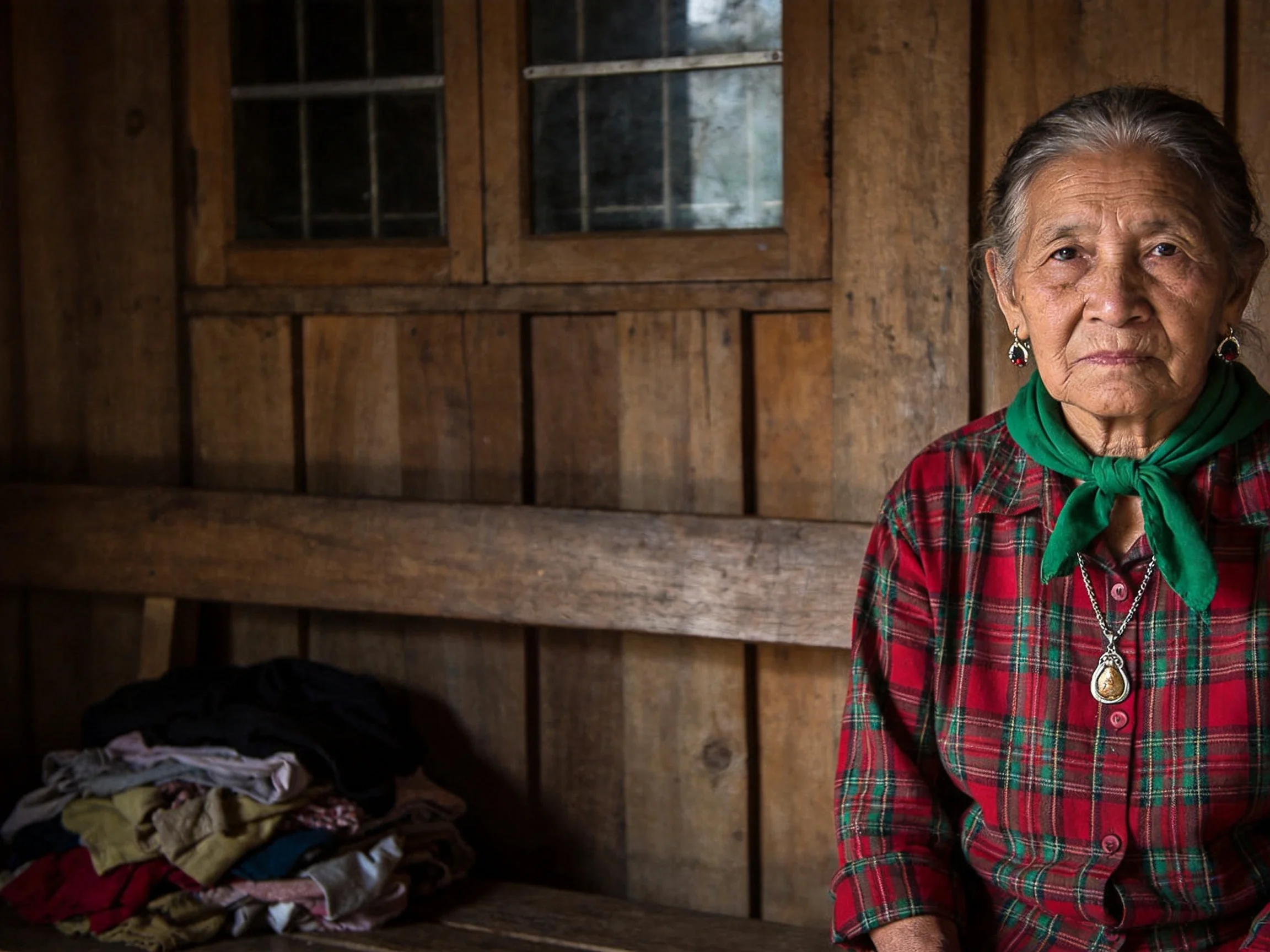 An Elderly Woman in Red Plaid by a Wooden Cabin Wall