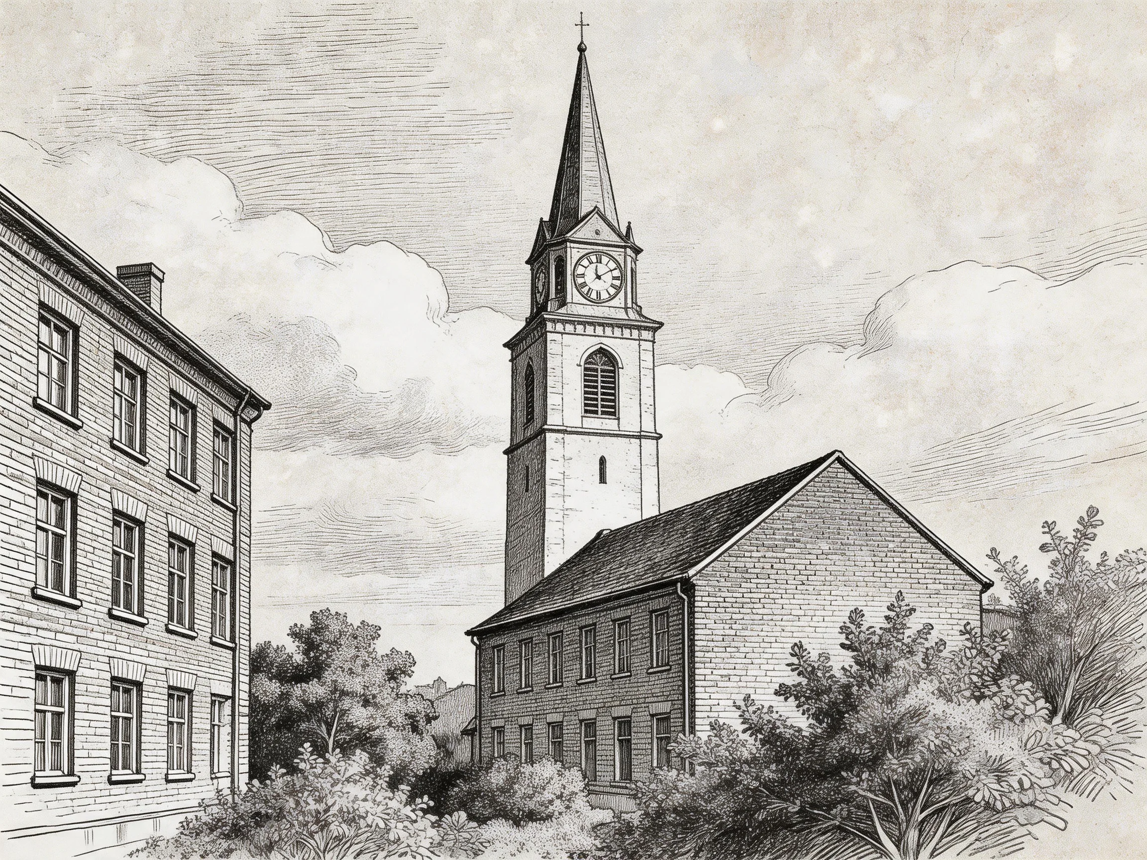 An Engraved Scene of a Clock Tower Near Brick Buildings