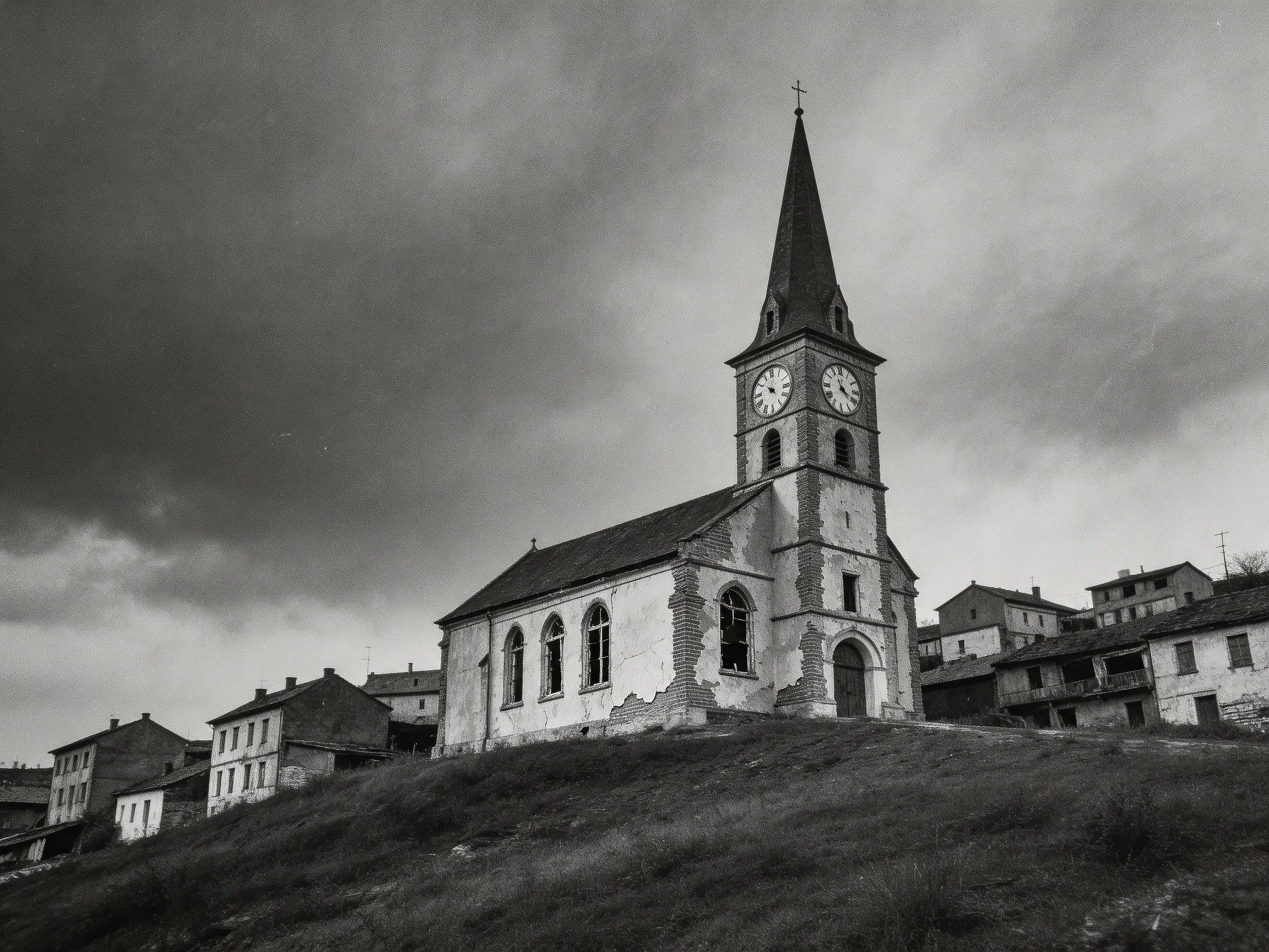 An Old Church With Clock Tower Under Stormy Skies