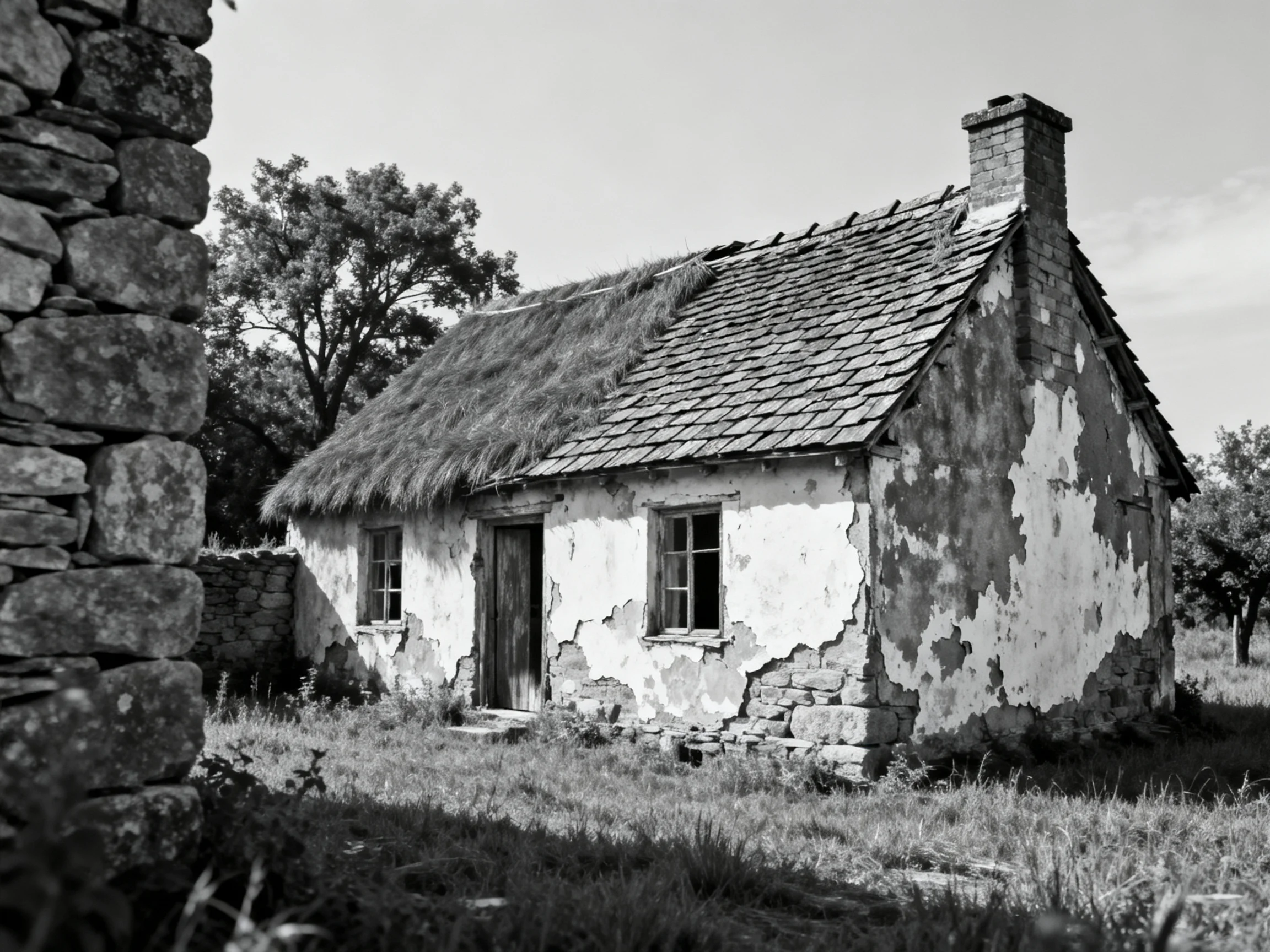 An Old Cottage With Peeling White Paint and Thatched Roof Near Stone Walls