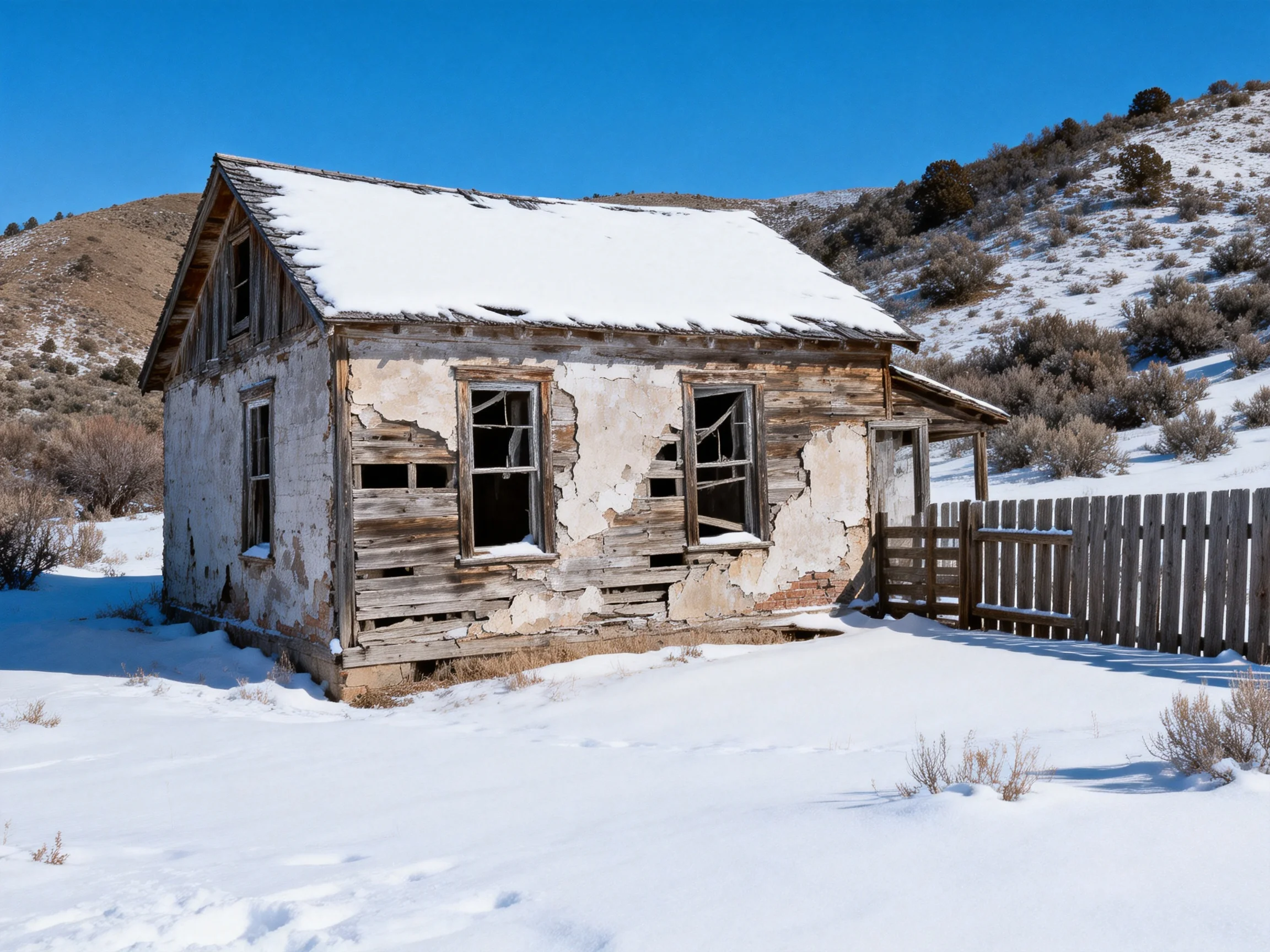 An Old Dilapidated Wooden House in a Snowy Landscape