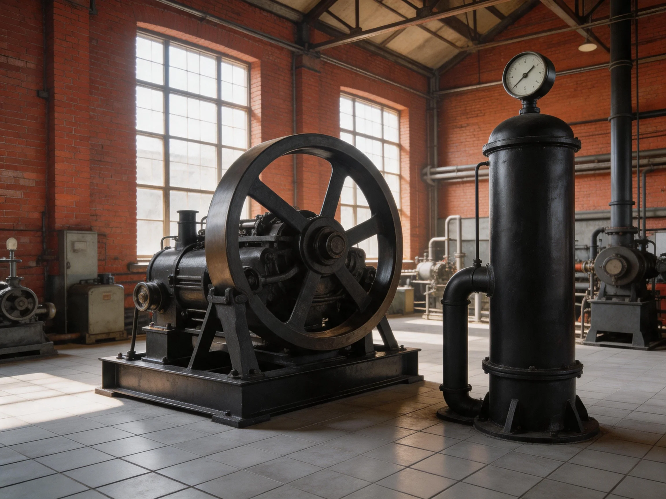 An Old Industrial Facility with Large Black Machinery and Red Brick Walls