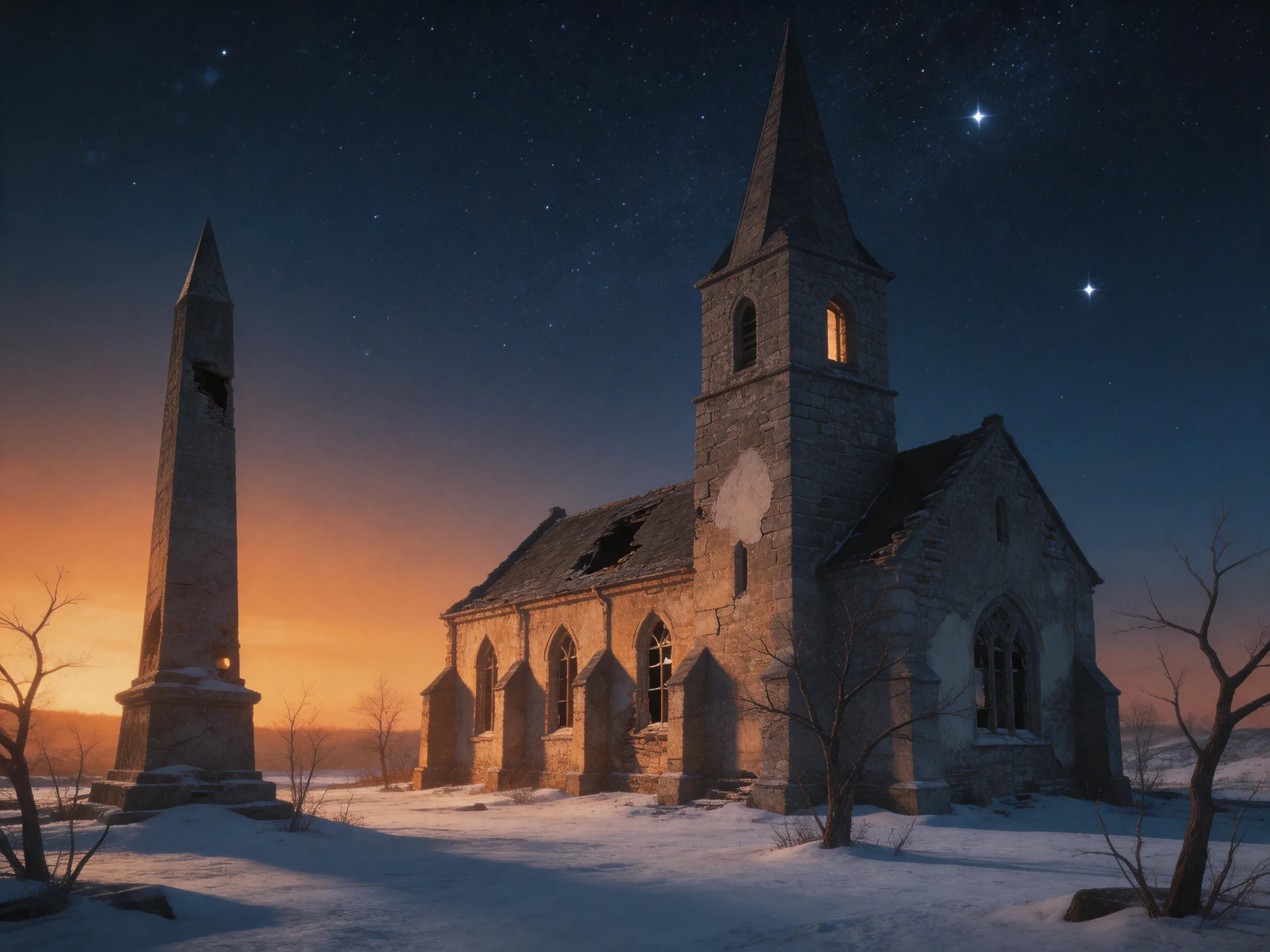 An Old Stone Church in a Snowy Night Setting