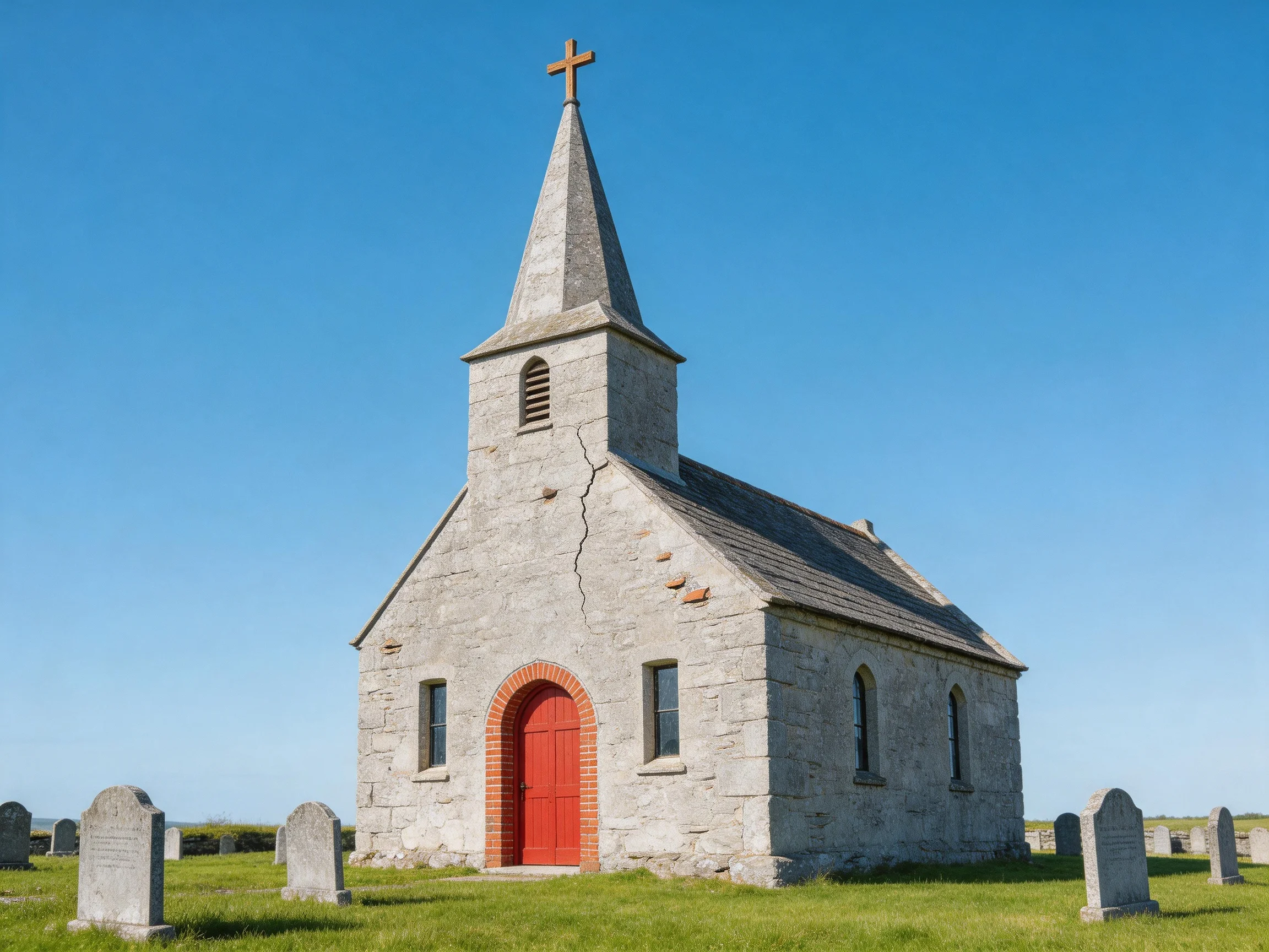 An Old Stone Church with Red Door Near Gravestones Under Clear Blue Sky