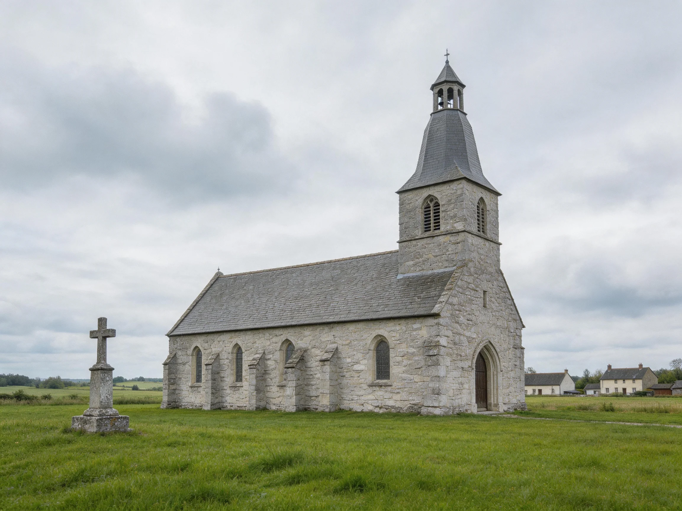 An Old Stone Church with Tower Near a Cross in Green Field