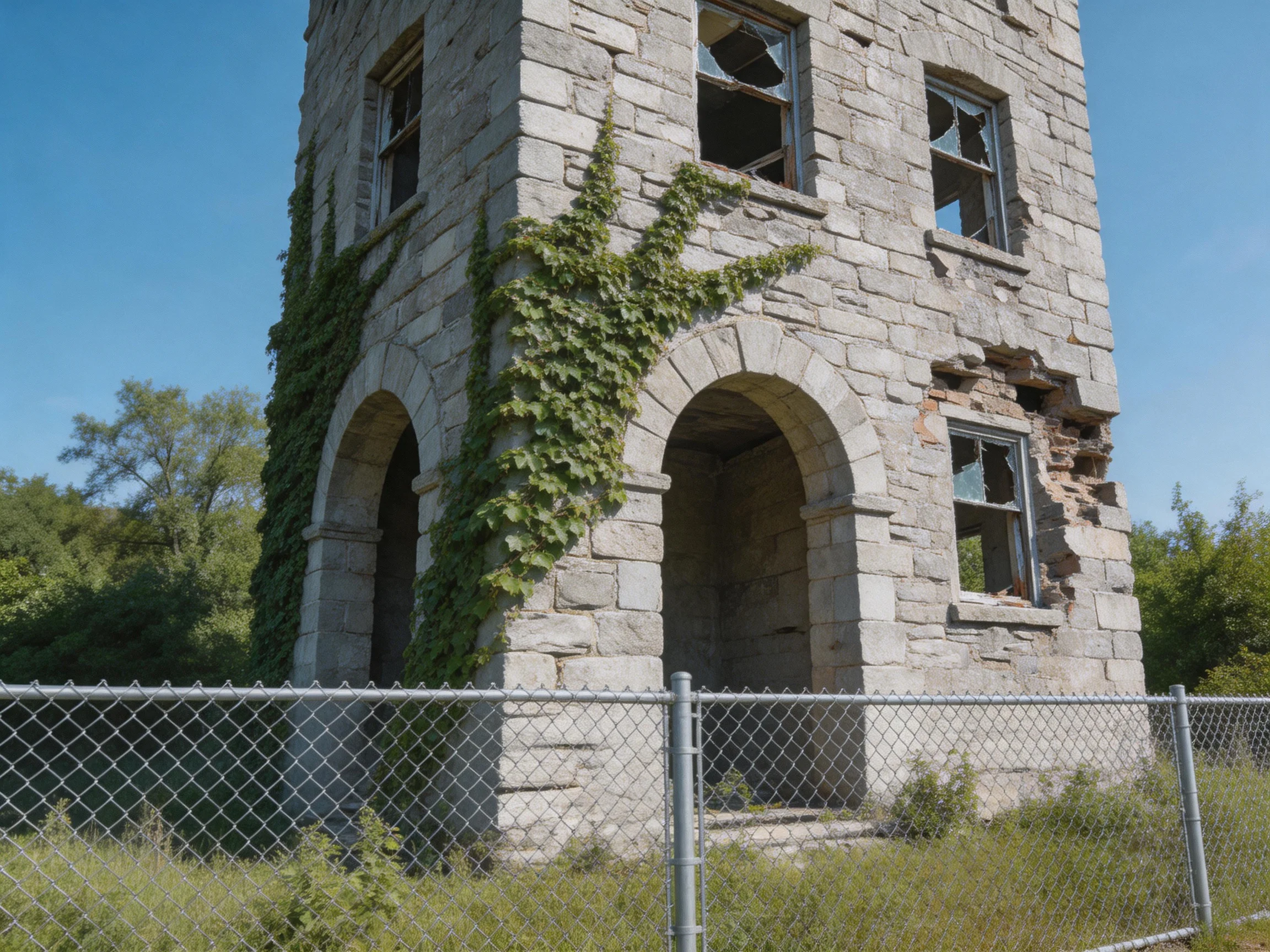 An Old Stone Tower with Ivy and Broken Windows Behind a Chain-Link Fence