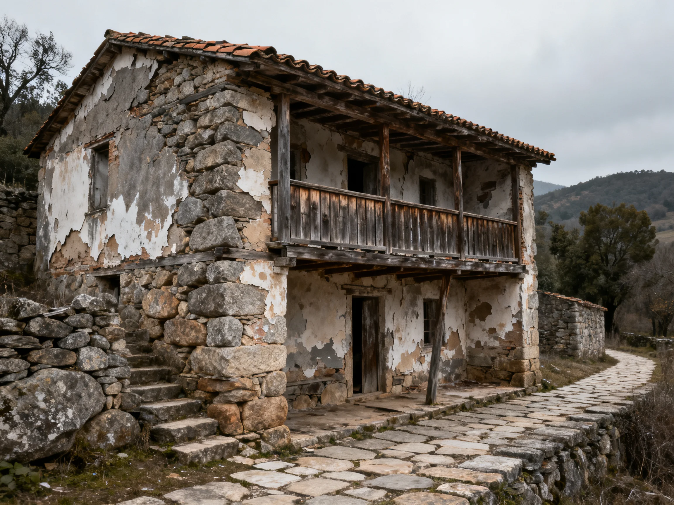 An Old Stone Two-Story House with Weathered Balcony and Cobblestone Path