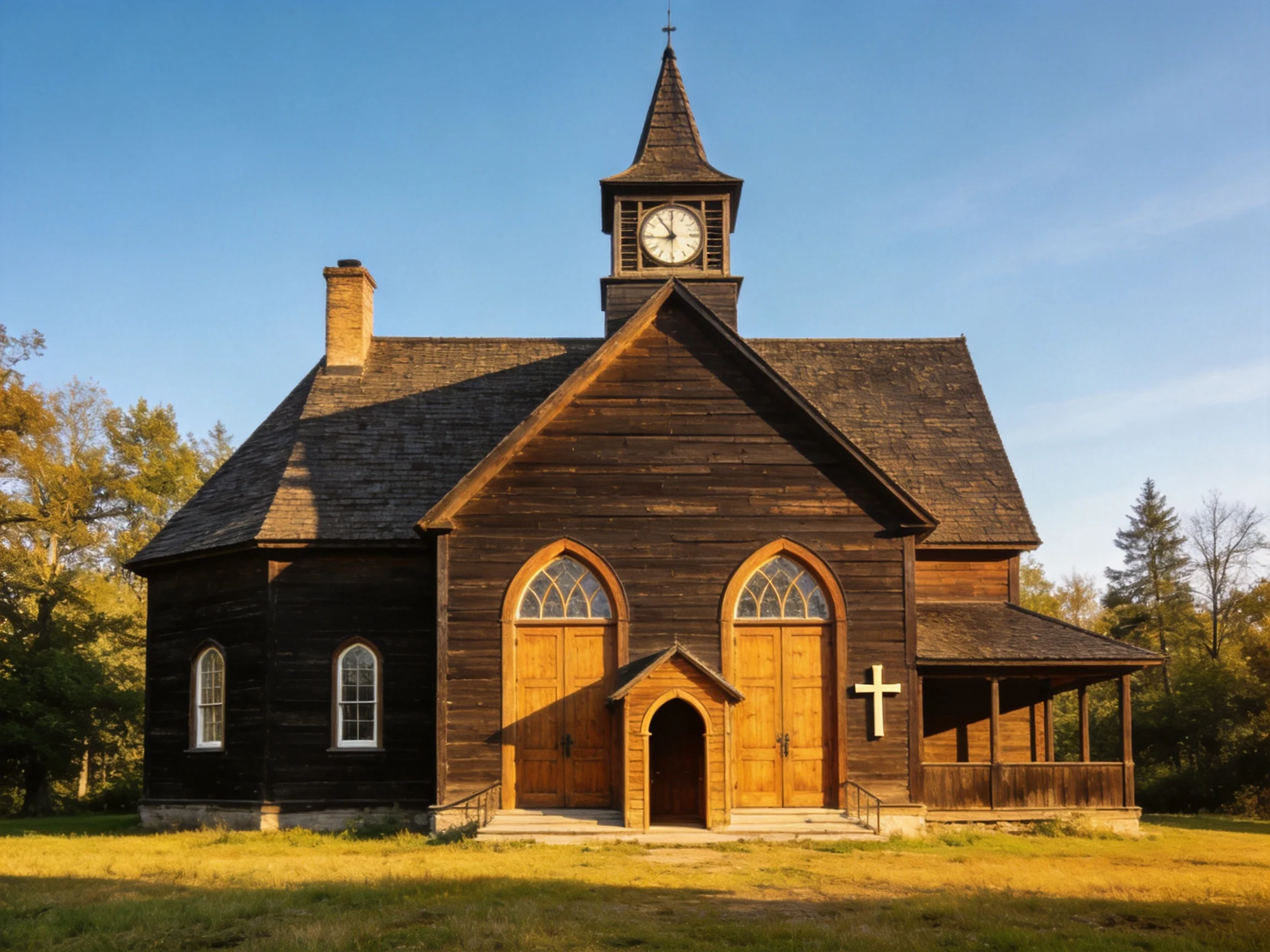 An Old Wooden Church with a Clock Tower and Cross